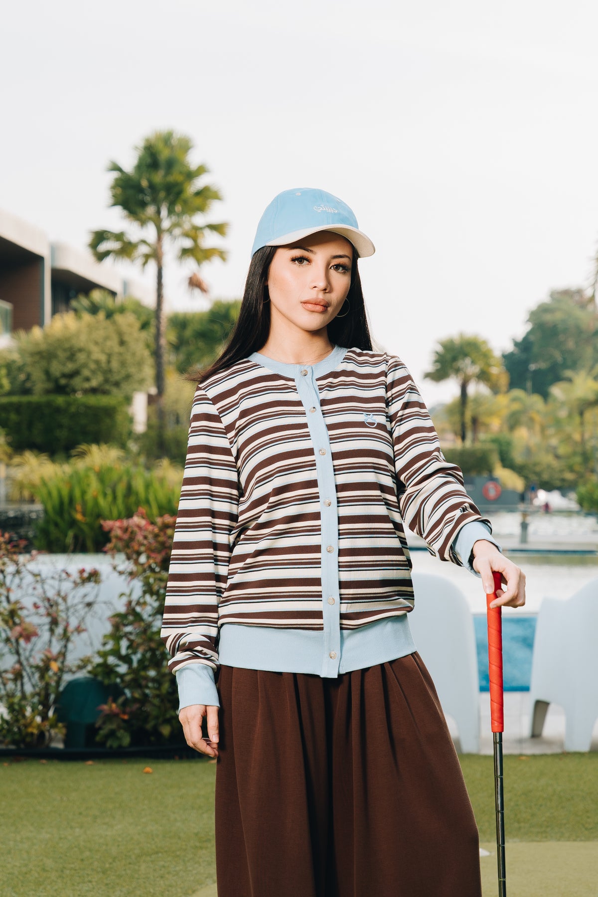 Blue Fitted Stripe Cardigan in Tencel Ribbed