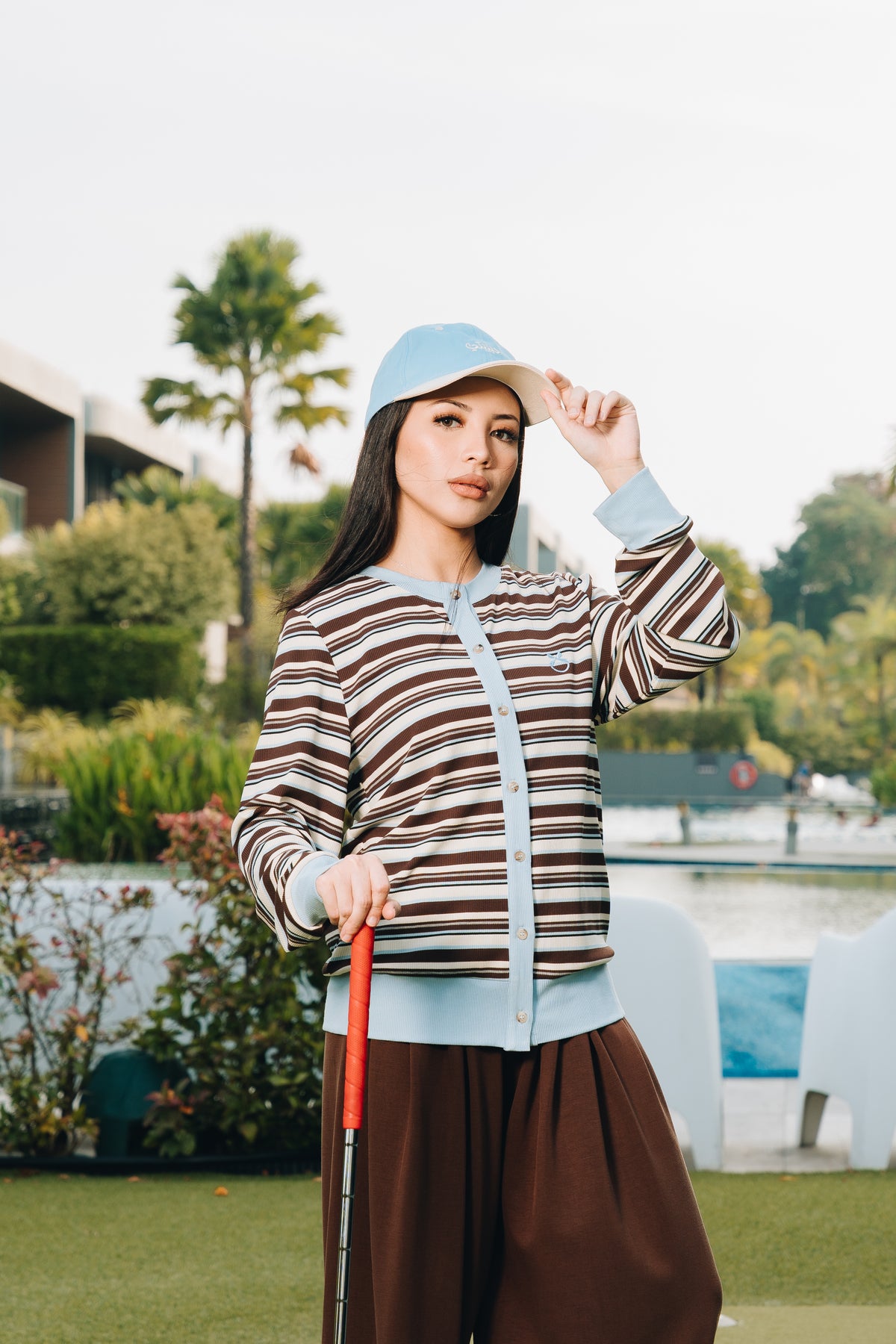 Blue Fitted Stripe Cardigan in Tencel Ribbed