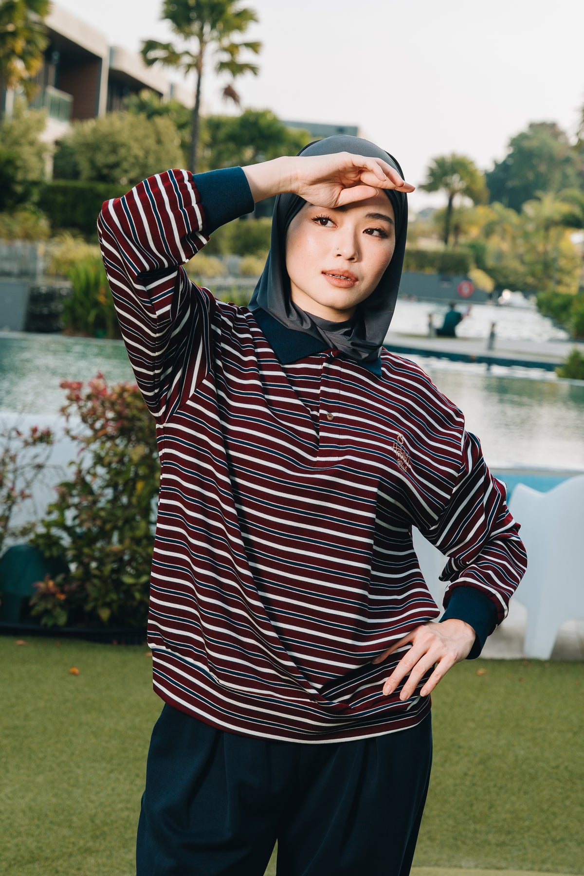 Maroon Stripe Polo Jumper in Tencel Ribbed