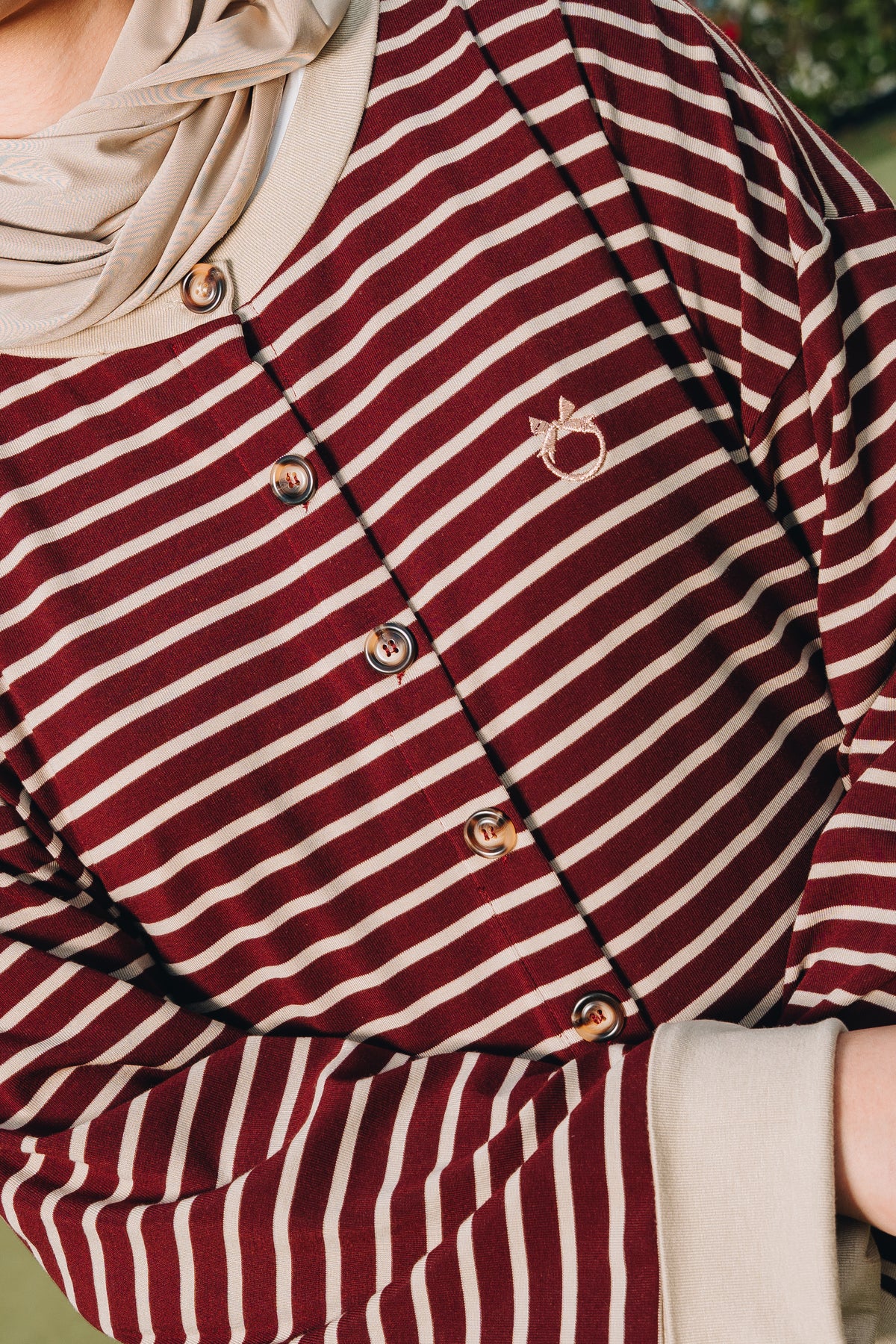 Maroon Relaxed Stripe Cardigan in Tencel Ribbed