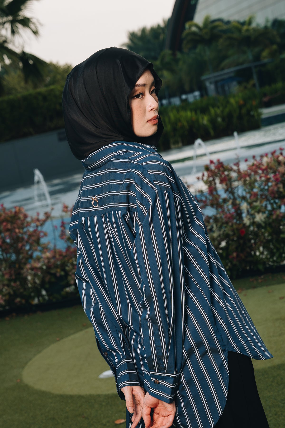 Navy Hidden Habibti Stripe Shirt in Cotton Tencel