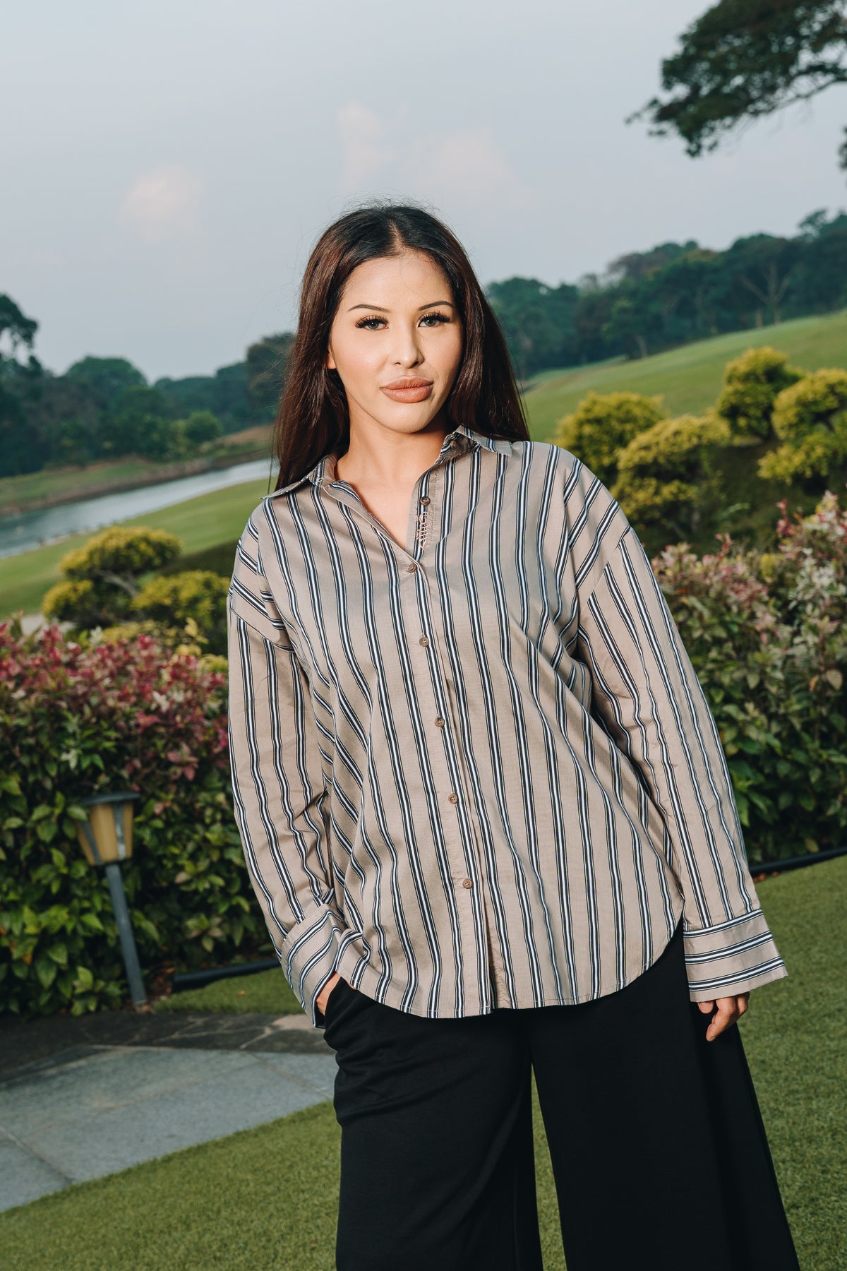 Taupe Hidden Habibti Stripe Shirt in Cotton Tencel