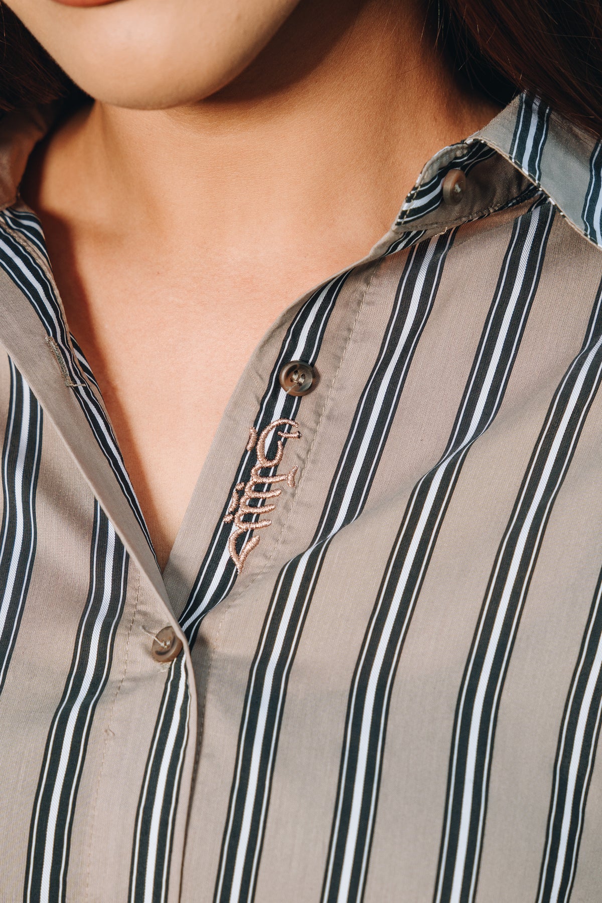 Taupe Hidden Habibti Stripe Shirt in Cotton Tencel