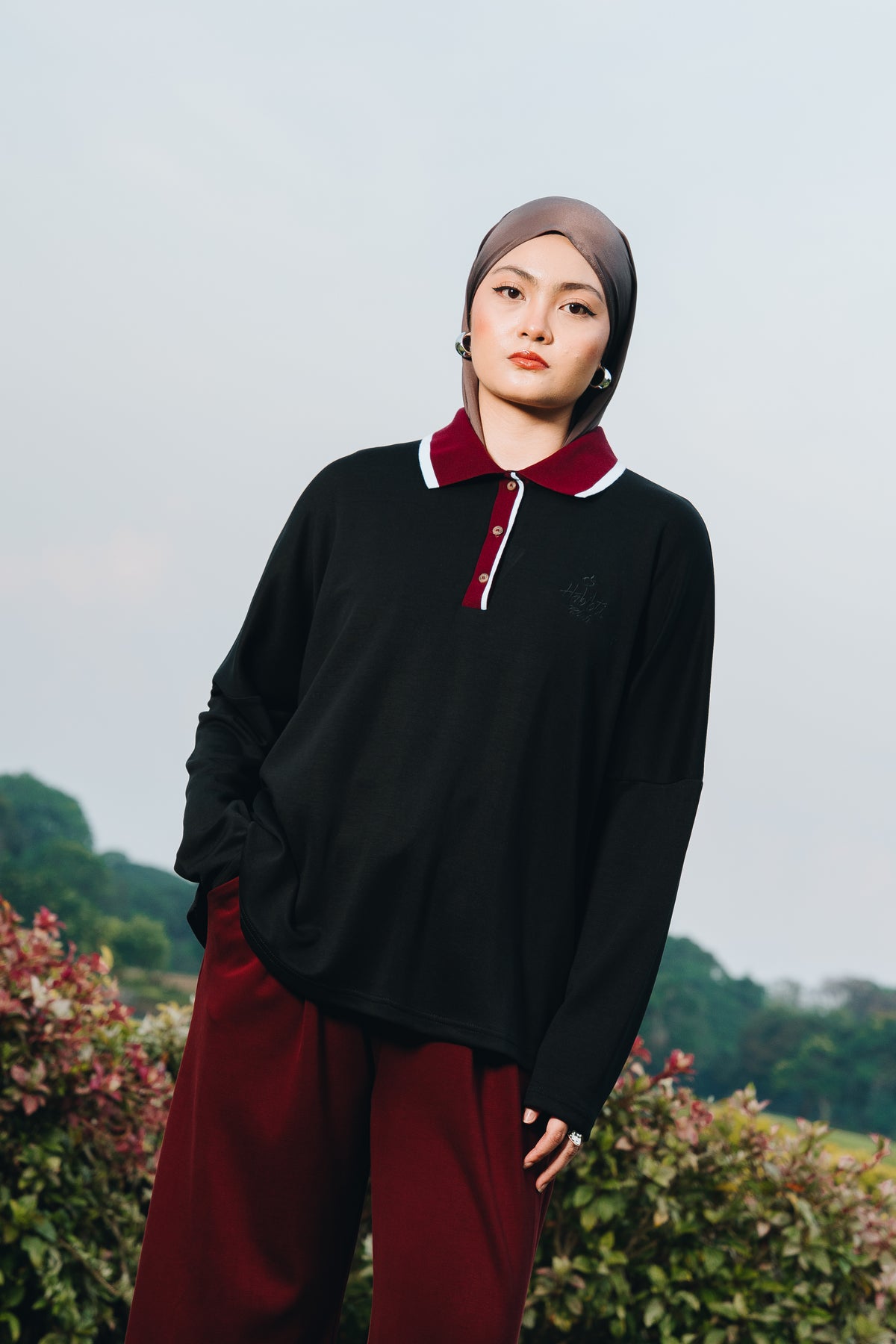 Black Oversized Polo Top in Lyocell