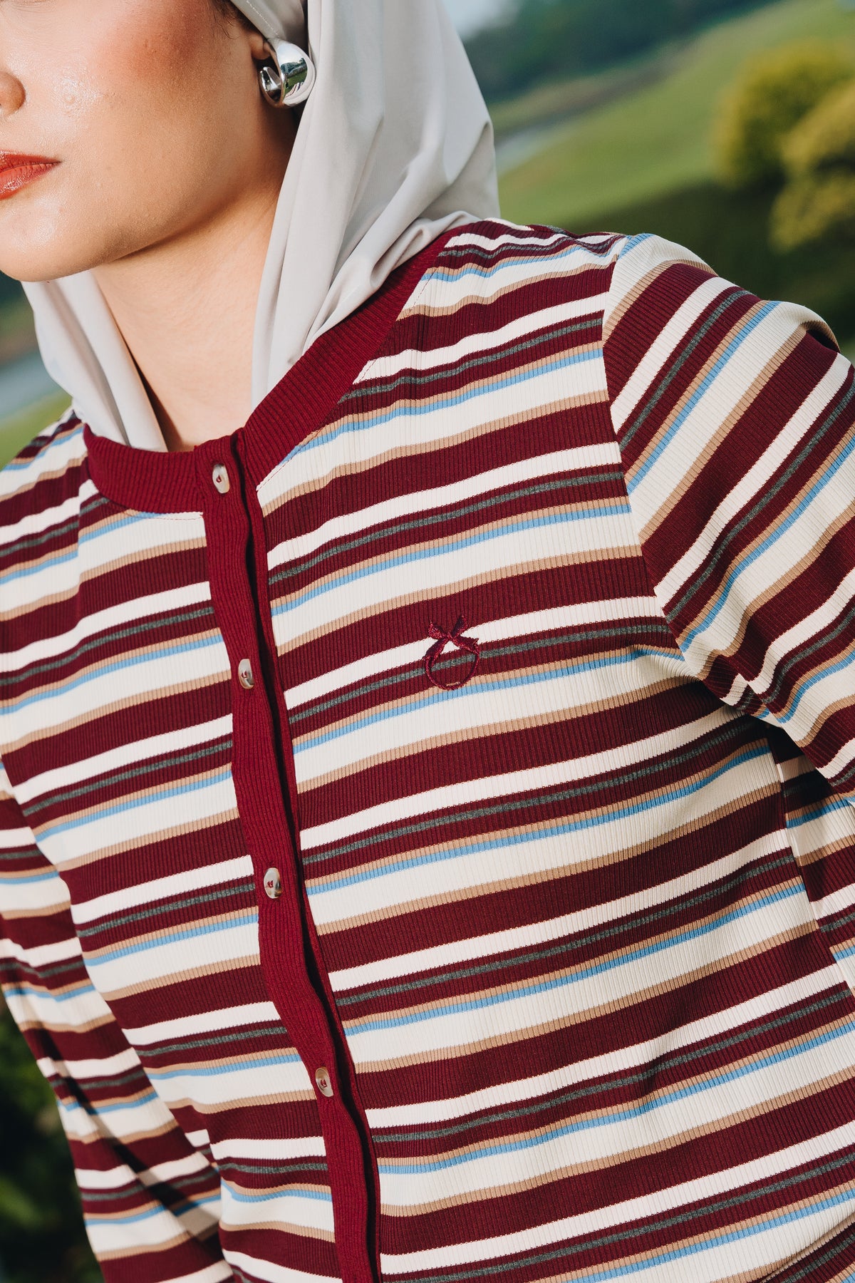 Maroon Fitted Stripe Cardigan in Tencel Ribbed