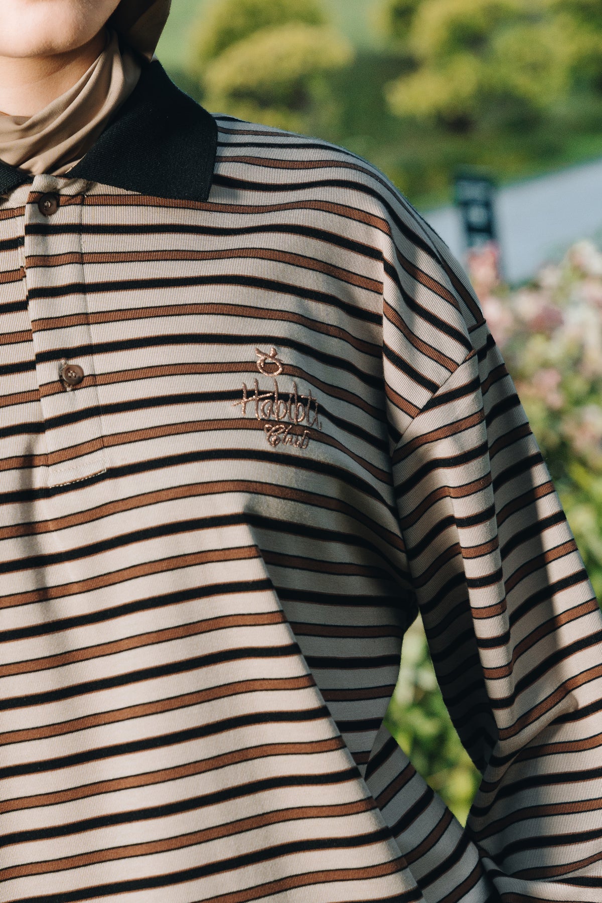 Coffee Stripe Polo Jumper in Tencel Ribbed