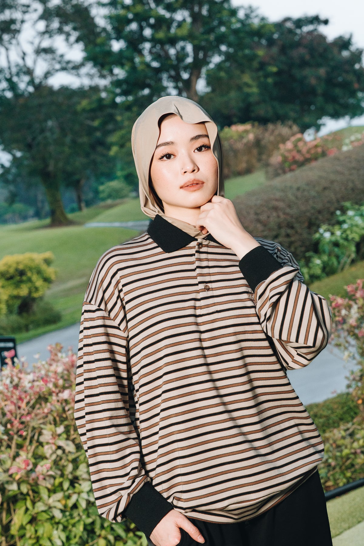 Coffee Stripe Polo Jumper in Tencel Ribbed