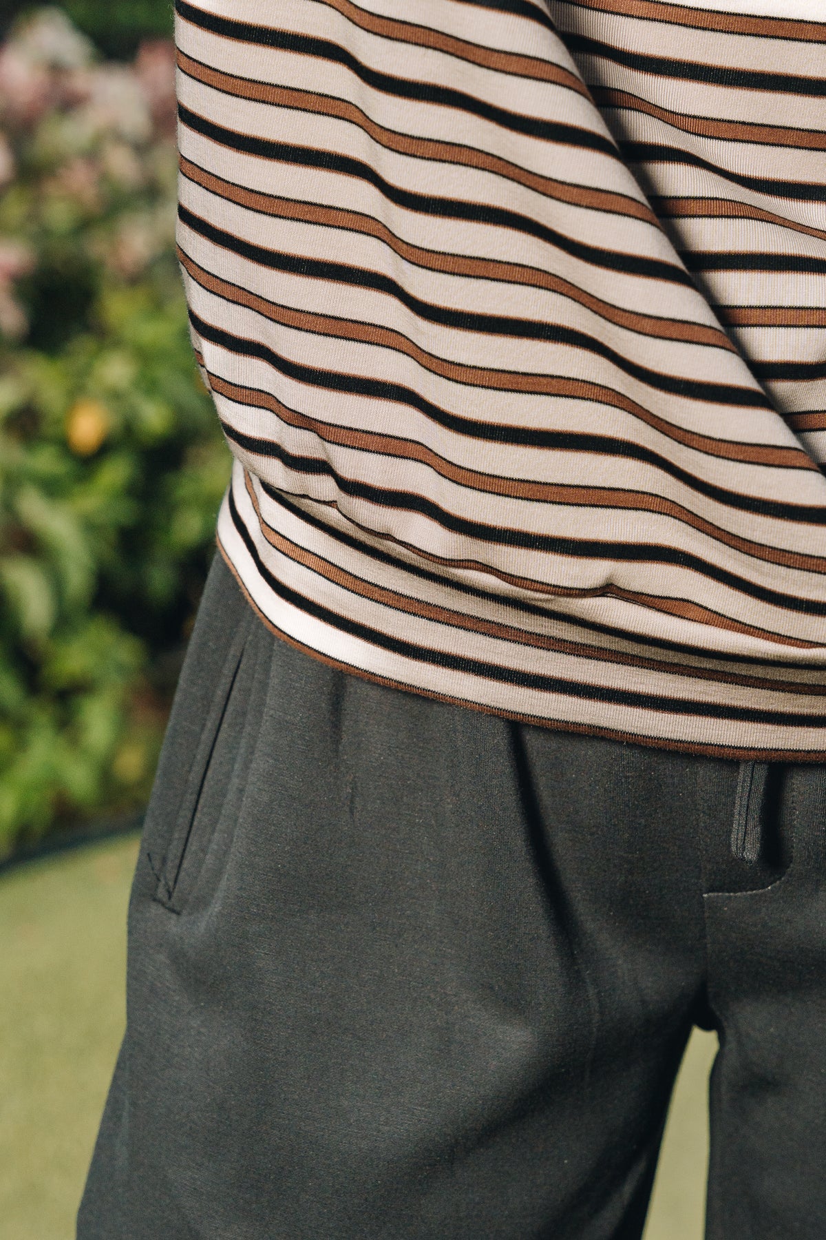 Coffee Stripe Polo Jumper in Tencel Ribbed