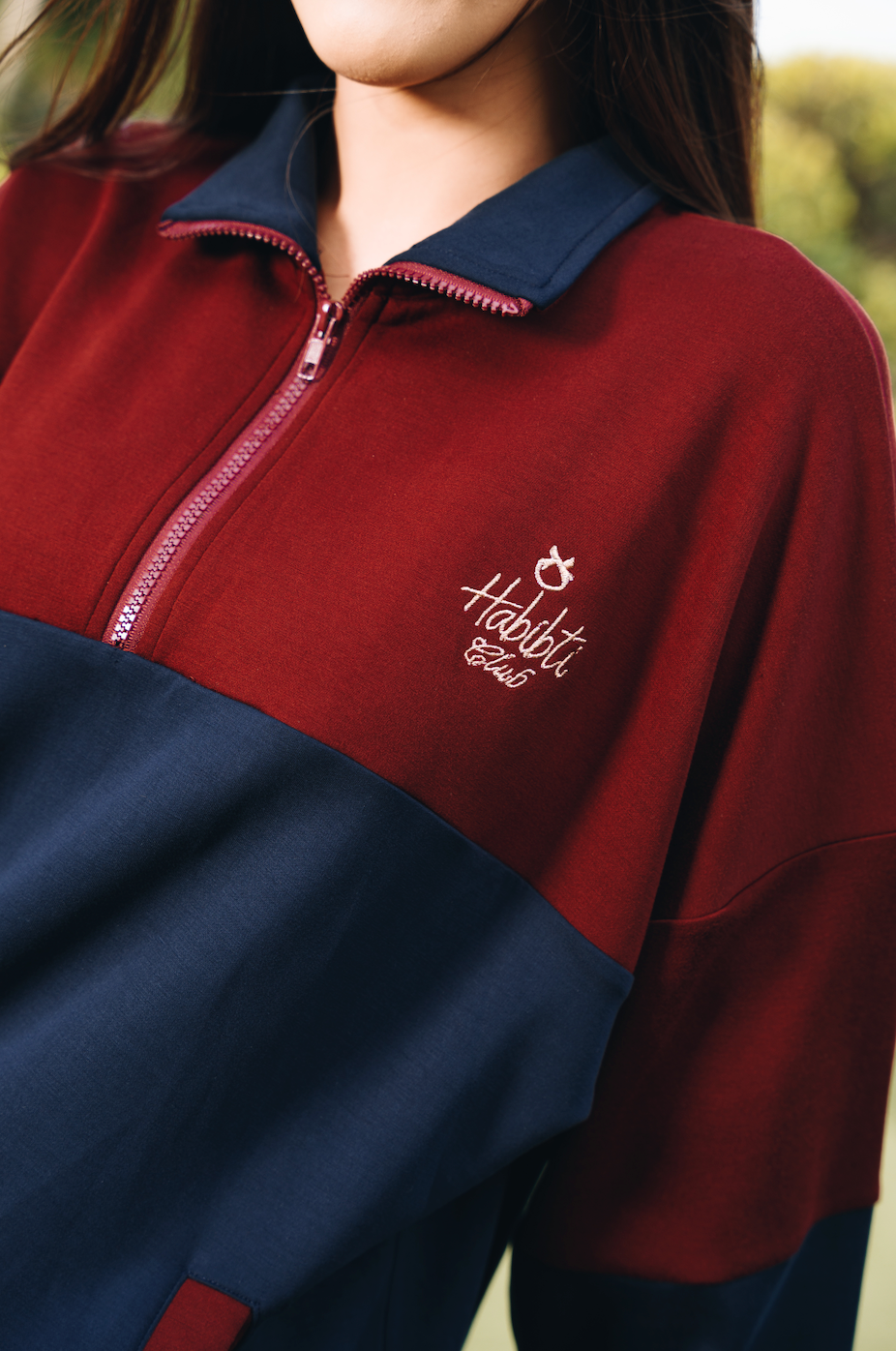 Maroon-Navy Dual Tone Quarter Zip Jacket in Modal