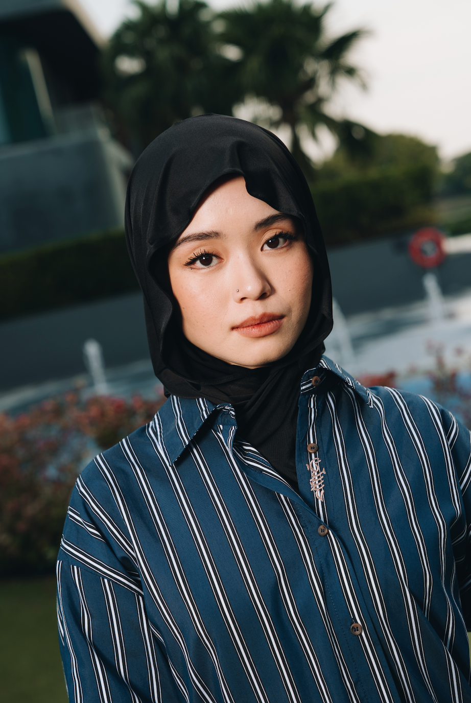 Navy Hidden Habibti Stripe Shirt in Cotton Tencel