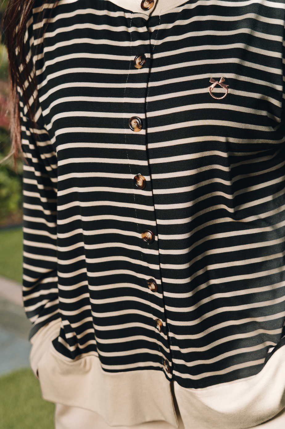 Black Relaxed Stripe Cardigan in Tencel Ribbed
