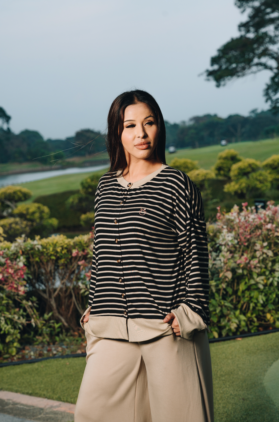Black Relaxed Stripe Cardigan in Tencel Ribbed