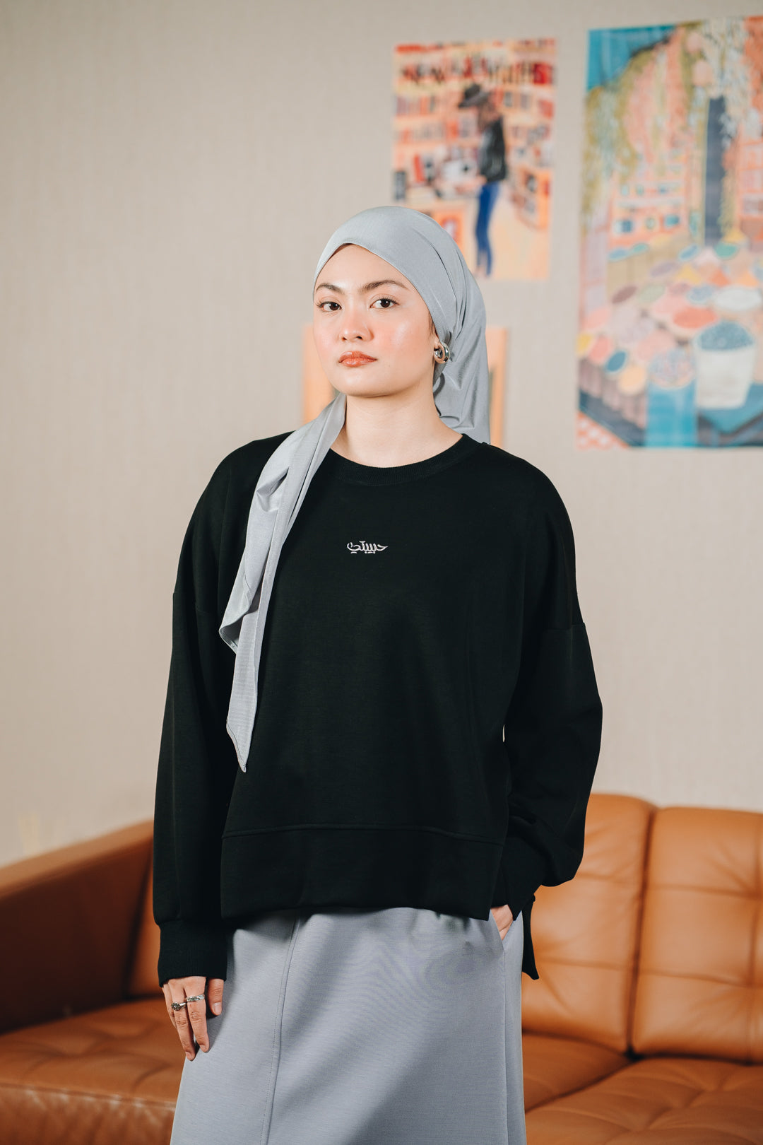 Modal Habibti Sweater in Black with Pink Embroidery
