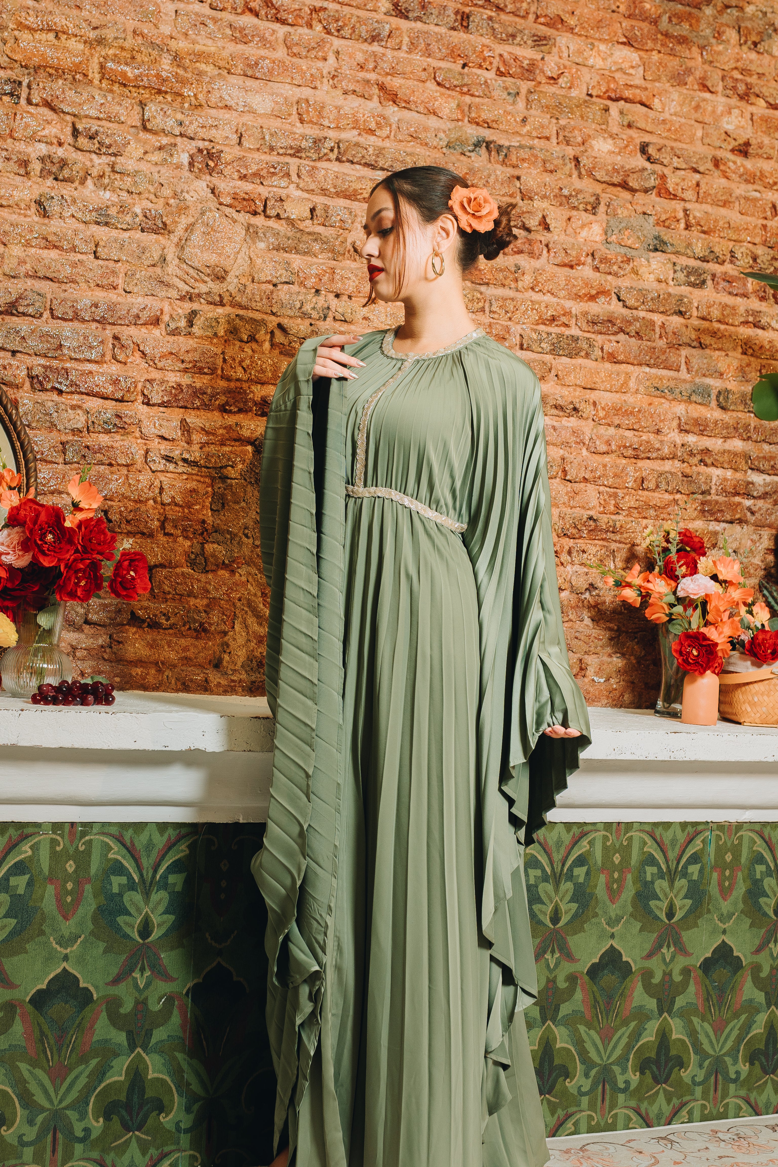 Valencia Pleated Kaftan in Deep Sage