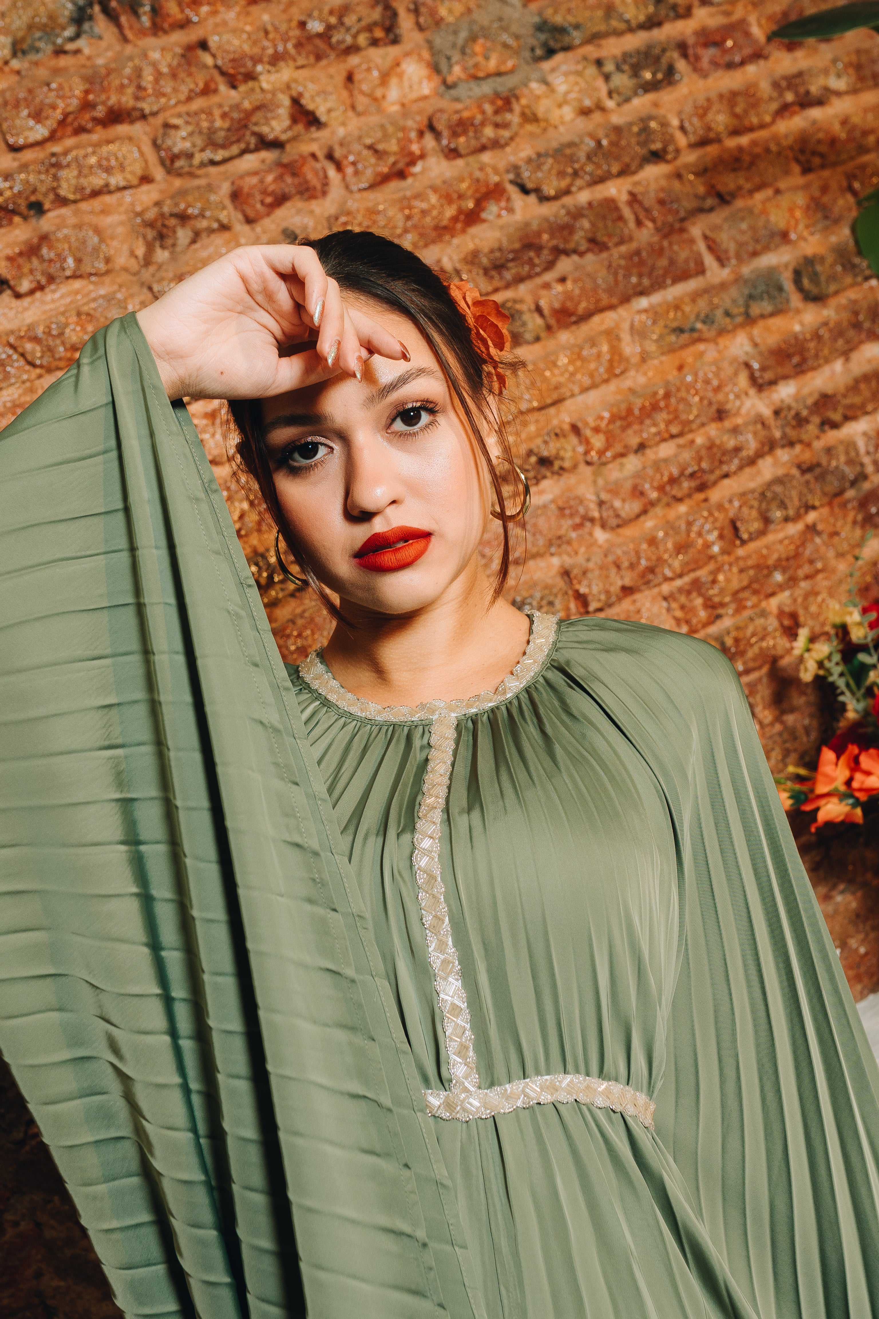 Valencia Pleated Kaftan in Deep Sage