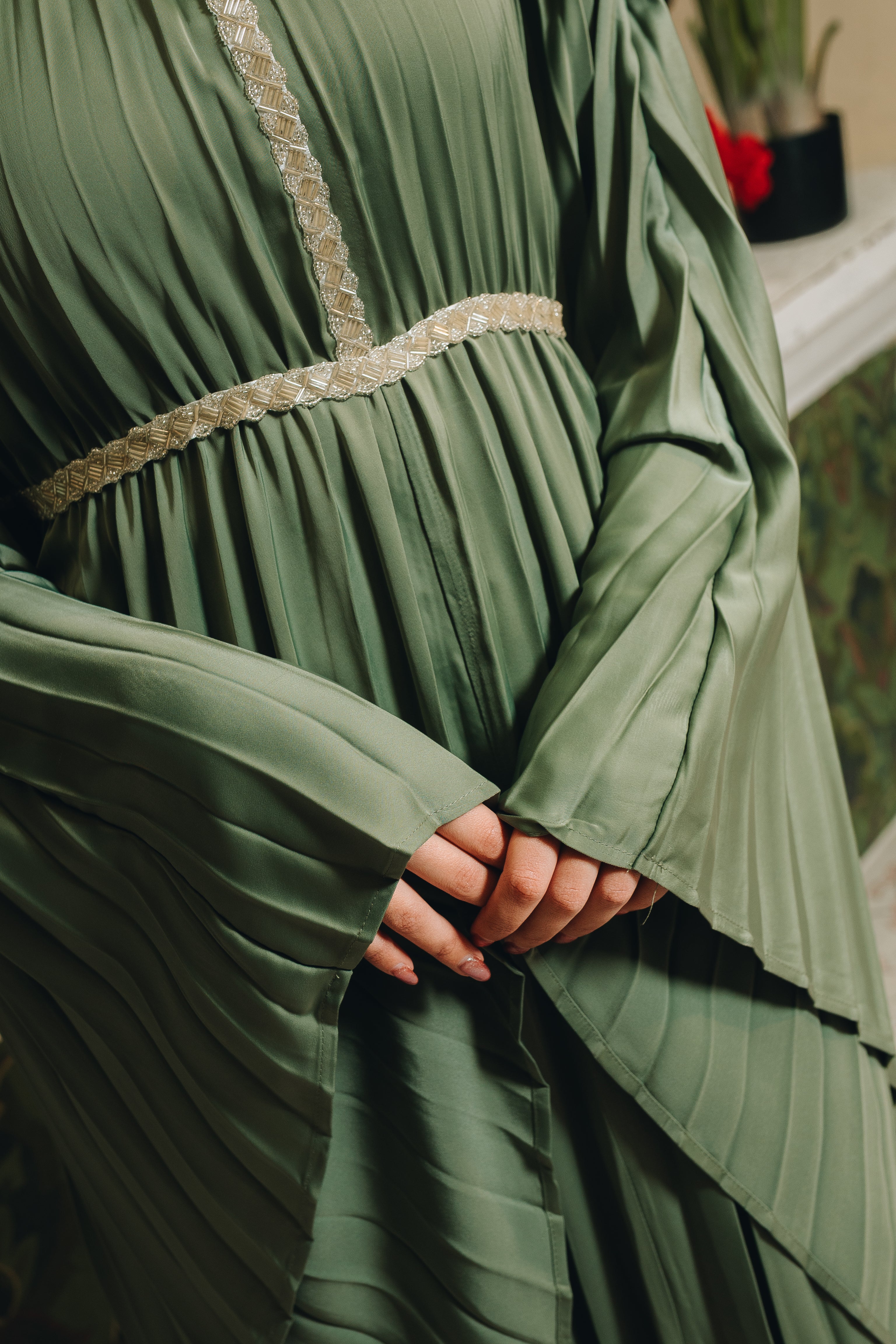Valencia Pleated Kaftan in Deep Sage
