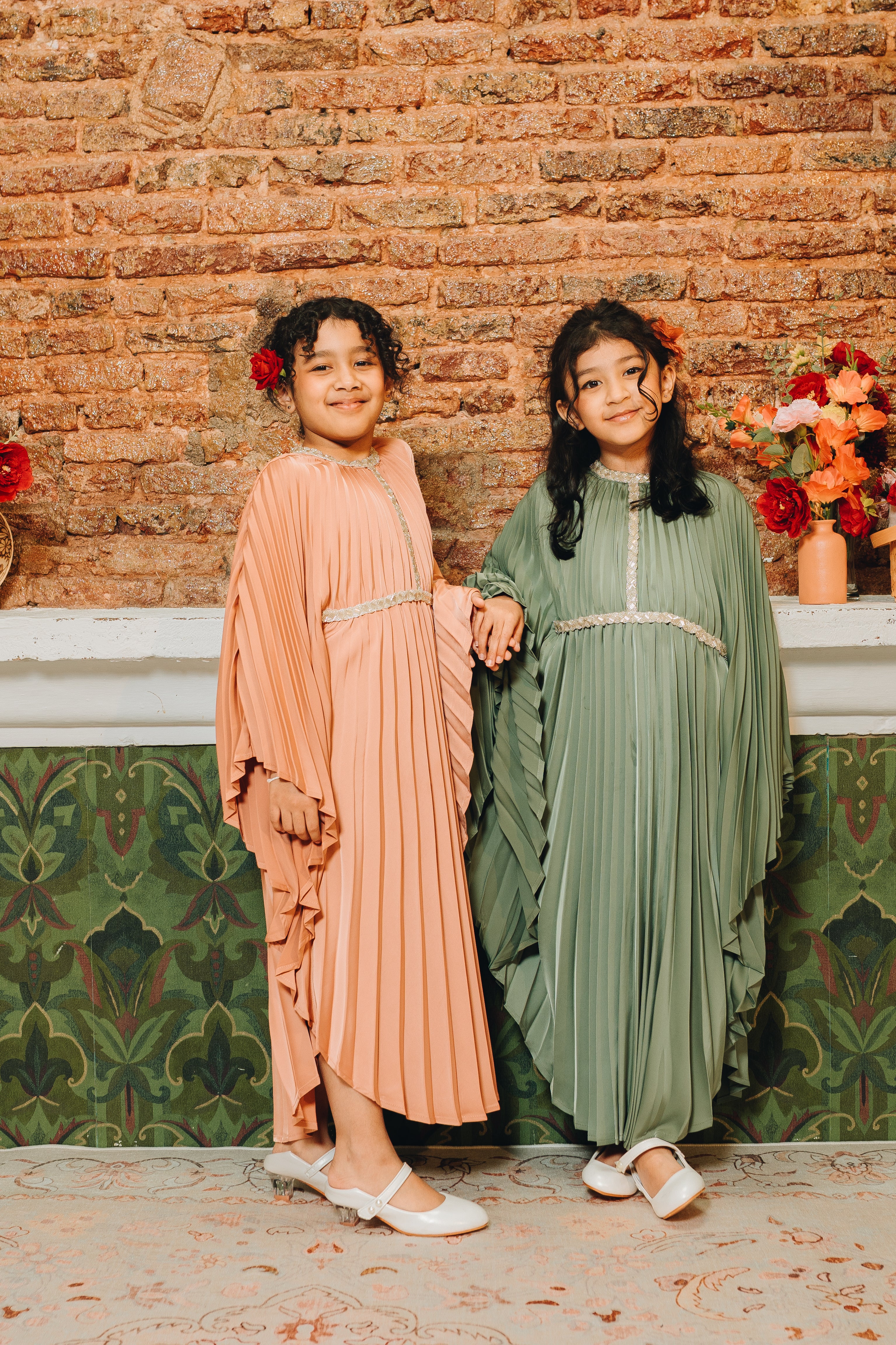 Valencia Kids Pleated Kaftan in Deep Sage