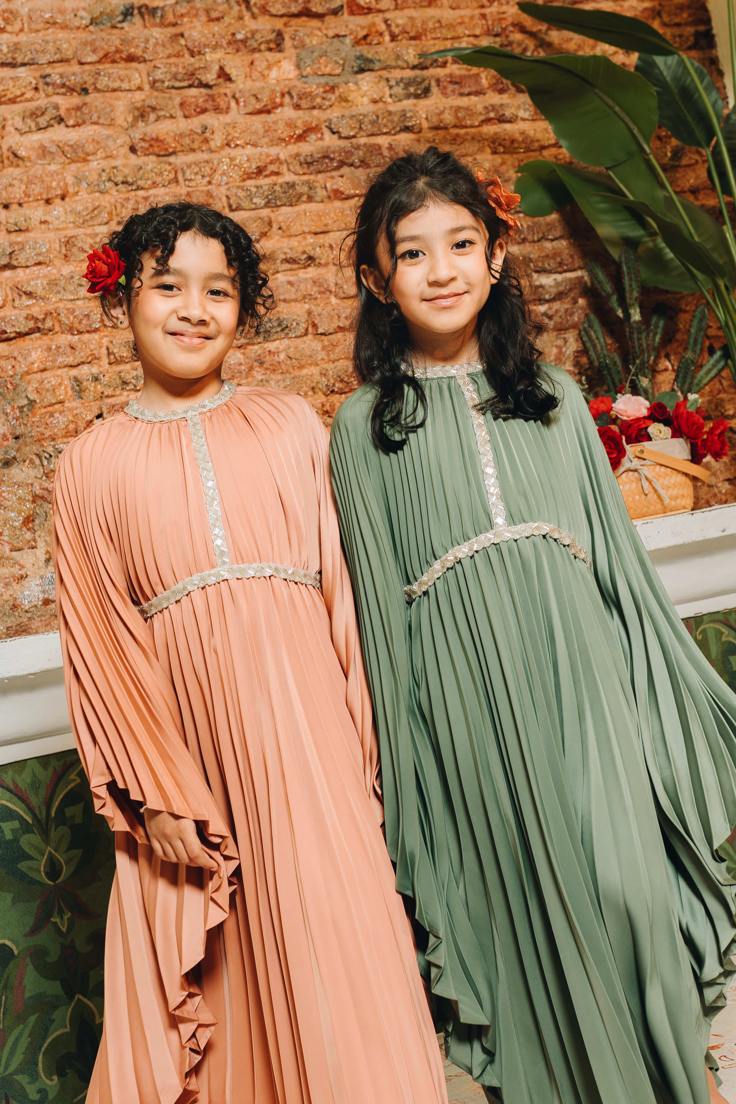 Valencia Kids Pleated Kaftan in Deep Sage