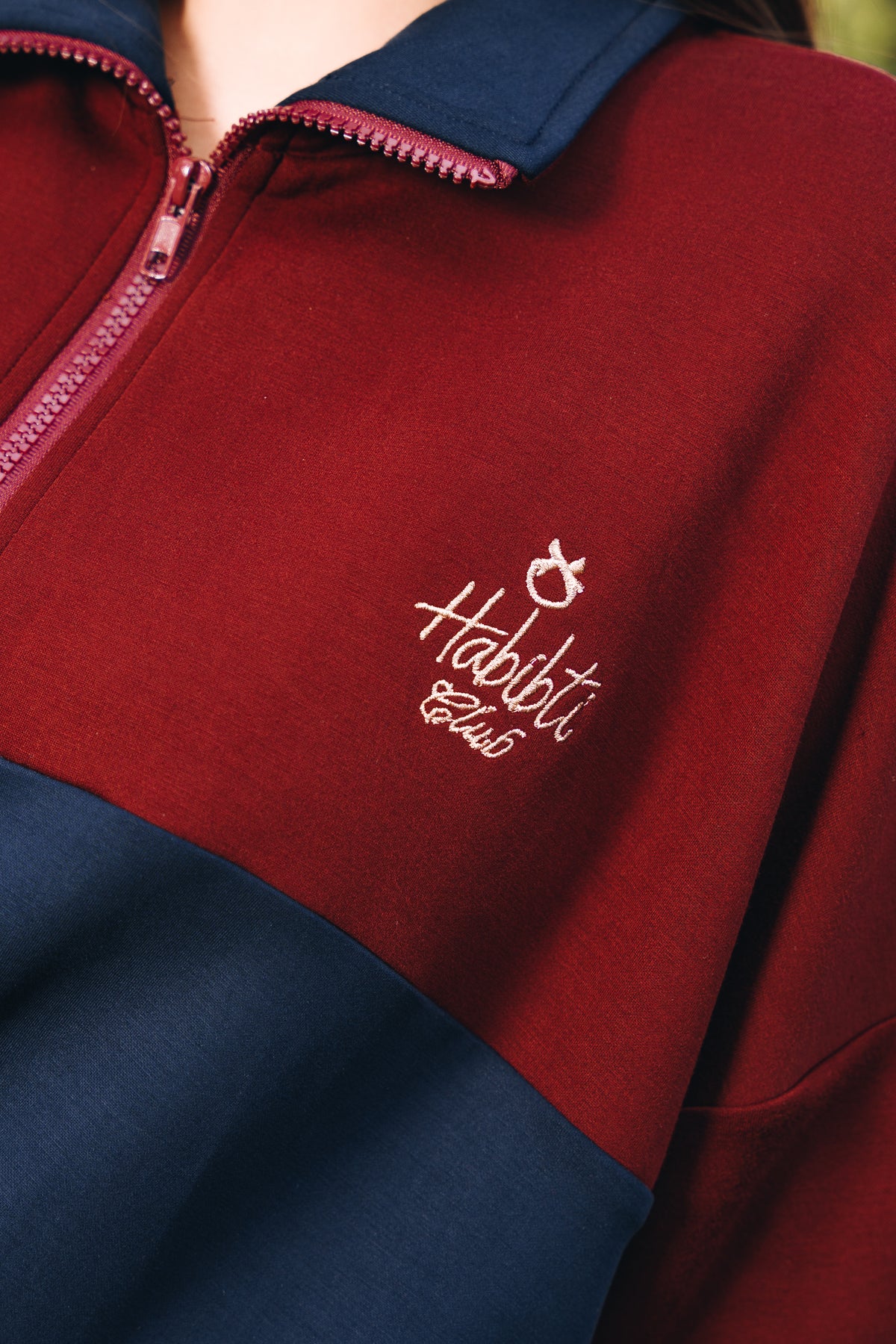 Maroon-Navy Dual Tone Quarter Zip Jacket in Modal