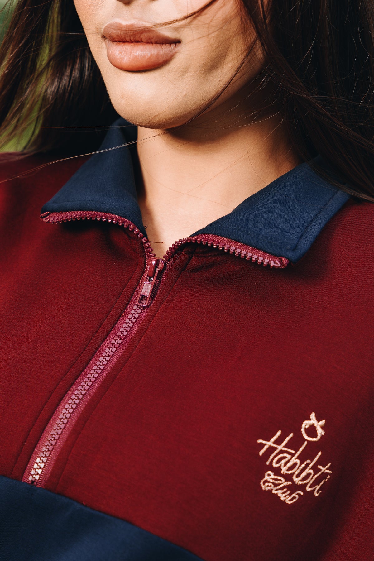 Maroon-Navy Dual Tone Quarter Zip Jacket in Modal