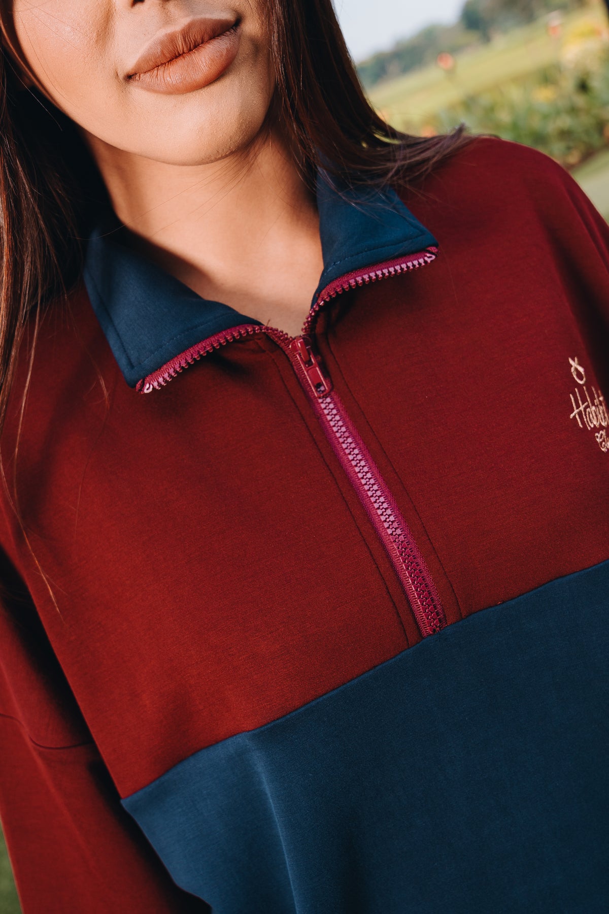 Maroon-Navy Dual Tone Quarter Zip Jacket in Modal