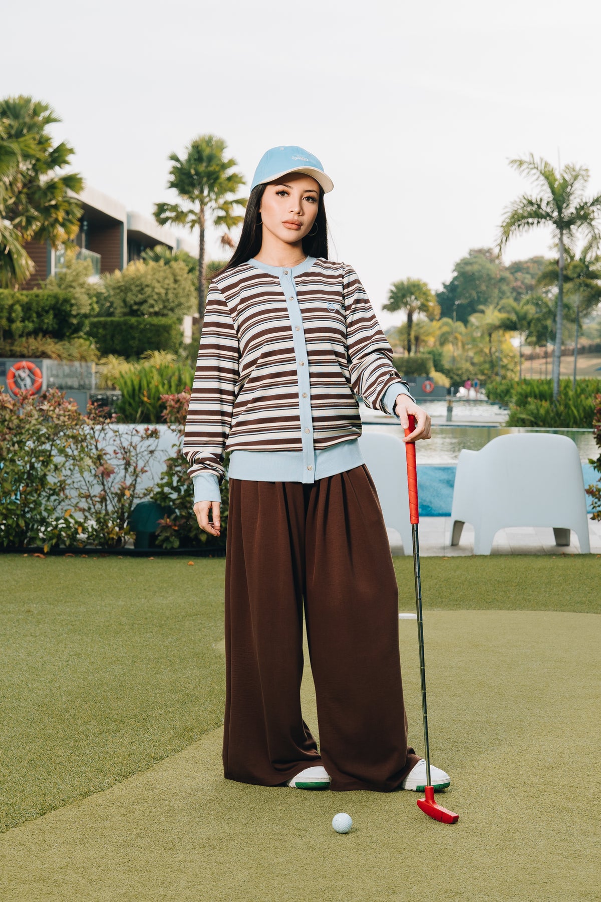 Blue Fitted Stripe Cardigan in Tencel Ribbed
