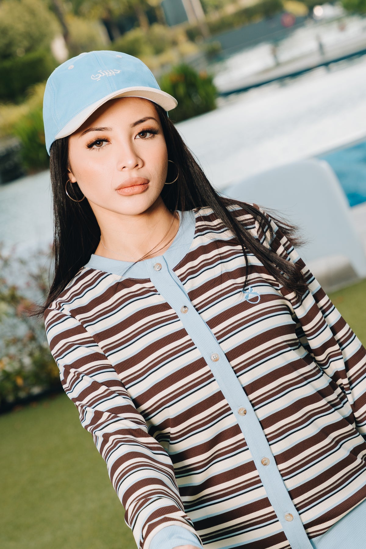Blue Fitted Stripe Cardigan in Tencel Ribbed