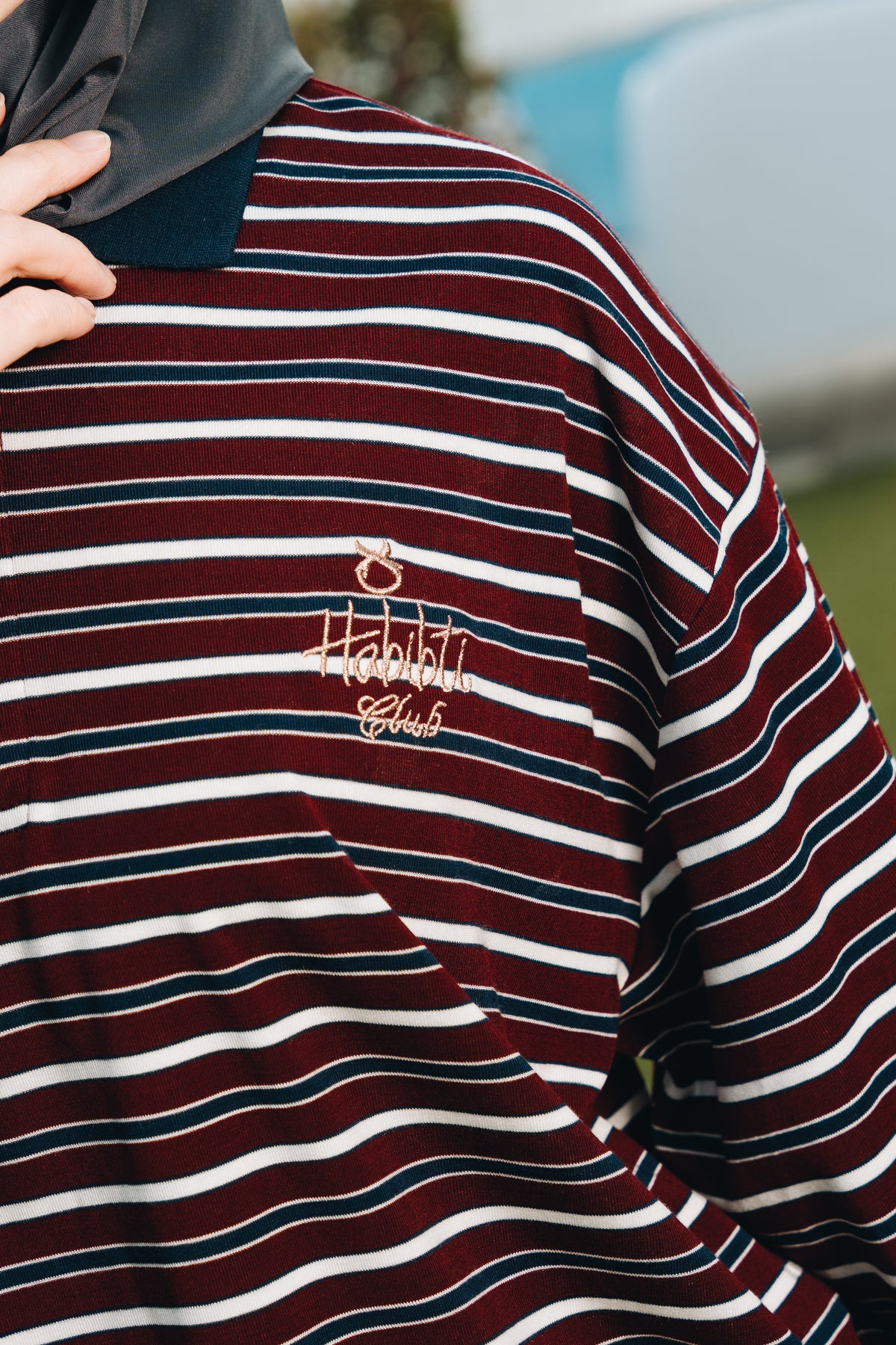 Maroon Stripe Polo Jumper in Tencel Ribbed