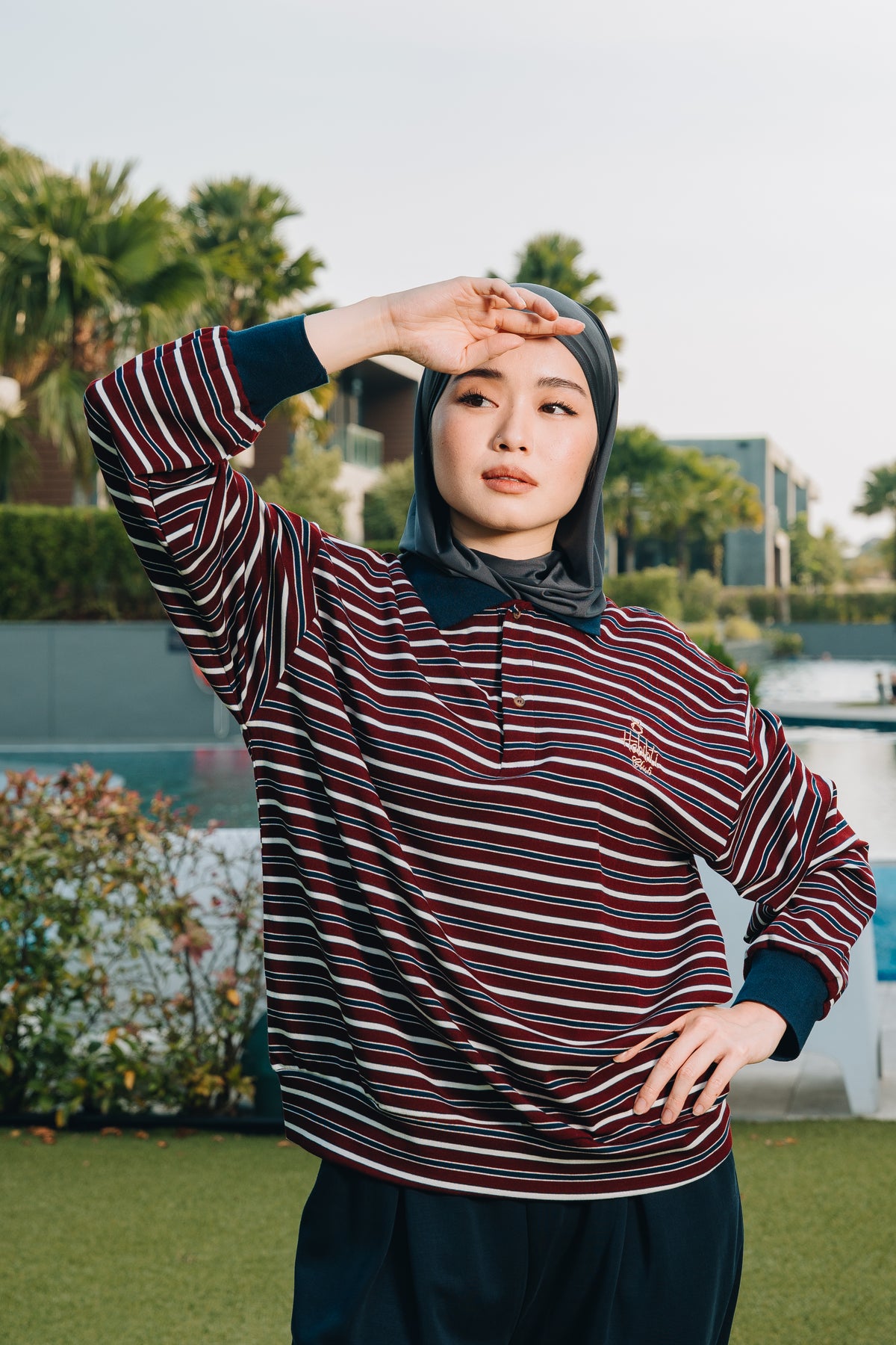 Maroon Stripe Polo Jumper in Tencel Ribbed
