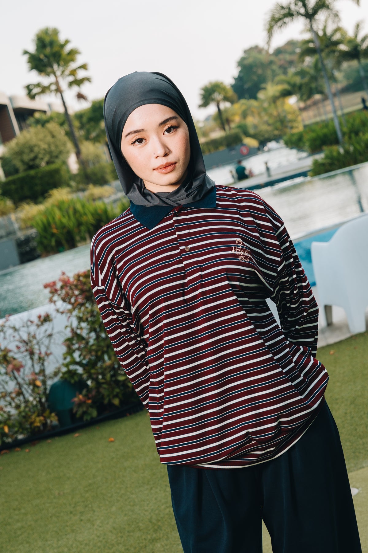 Maroon Stripe Polo Jumper in Tencel Ribbed