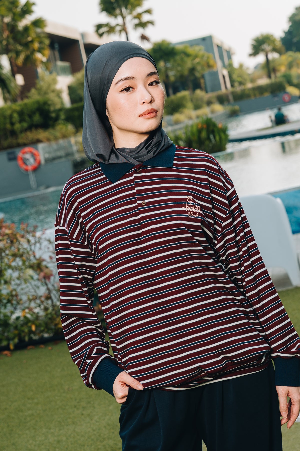 Maroon Stripe Polo Jumper in Tencel Ribbed
