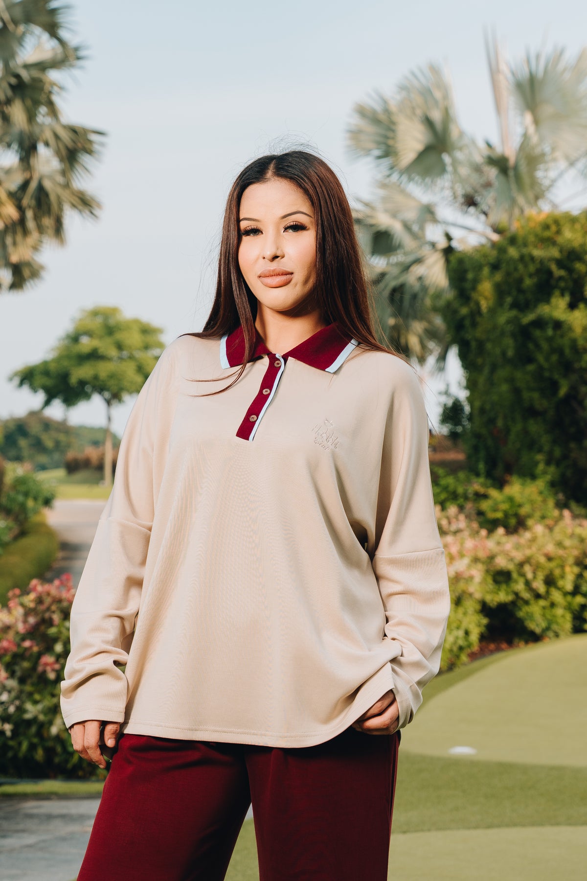 Khaki Oversized Polo Top in Lyocell