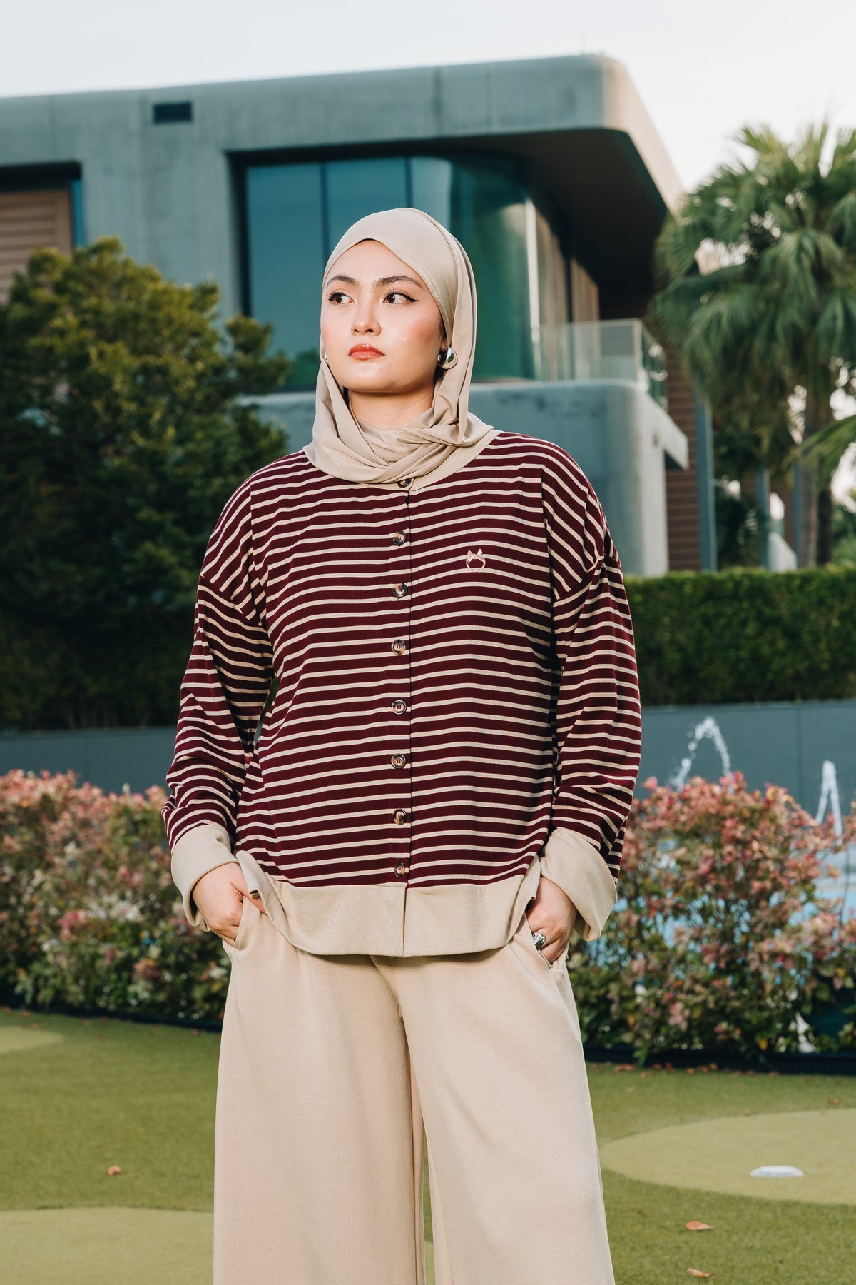 Maroon Relaxed Stripe Cardigan in Tencel Ribbed