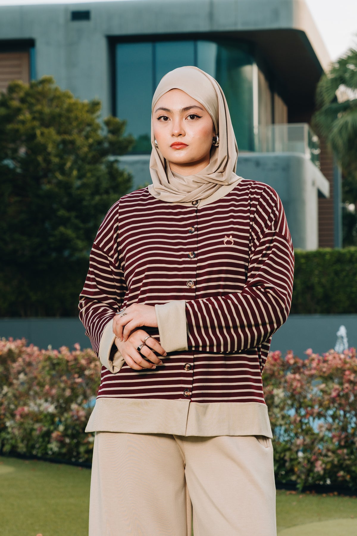 Maroon Relaxed Stripe Cardigan in Tencel Ribbed