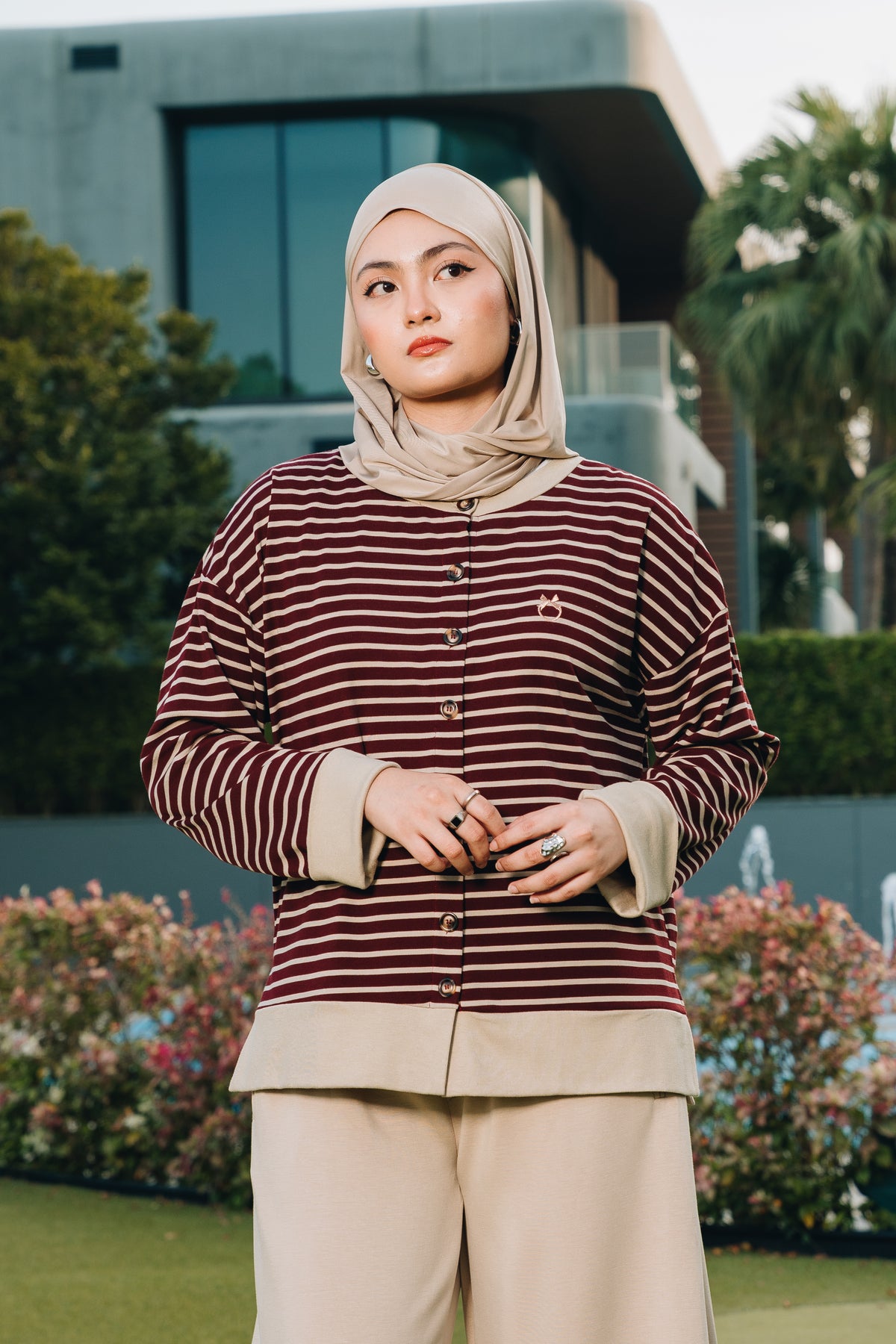 Maroon Relaxed Stripe Cardigan in Tencel Ribbed