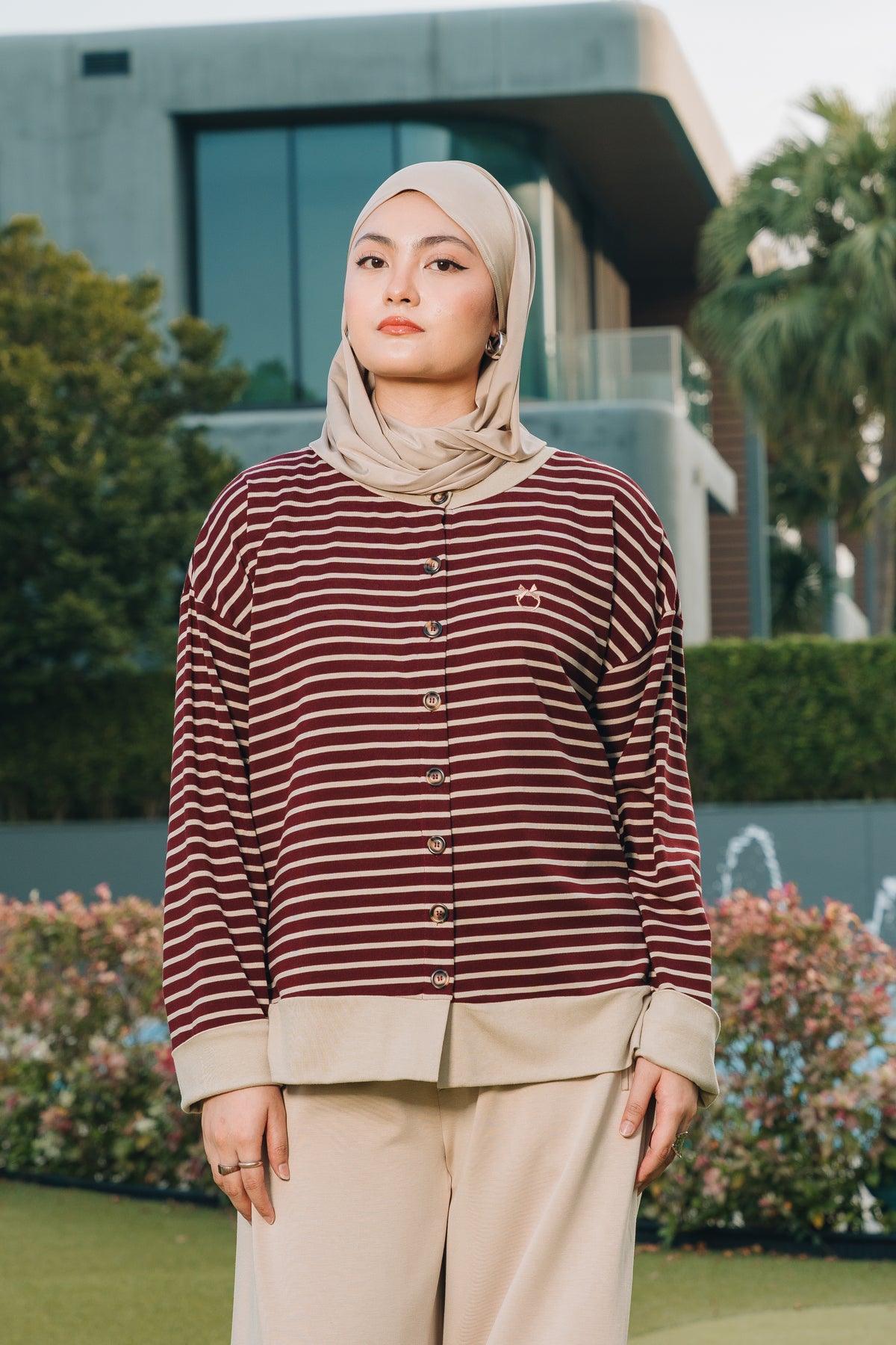 Maroon Relaxed Stripe Cardigan in Tencel Ribbed