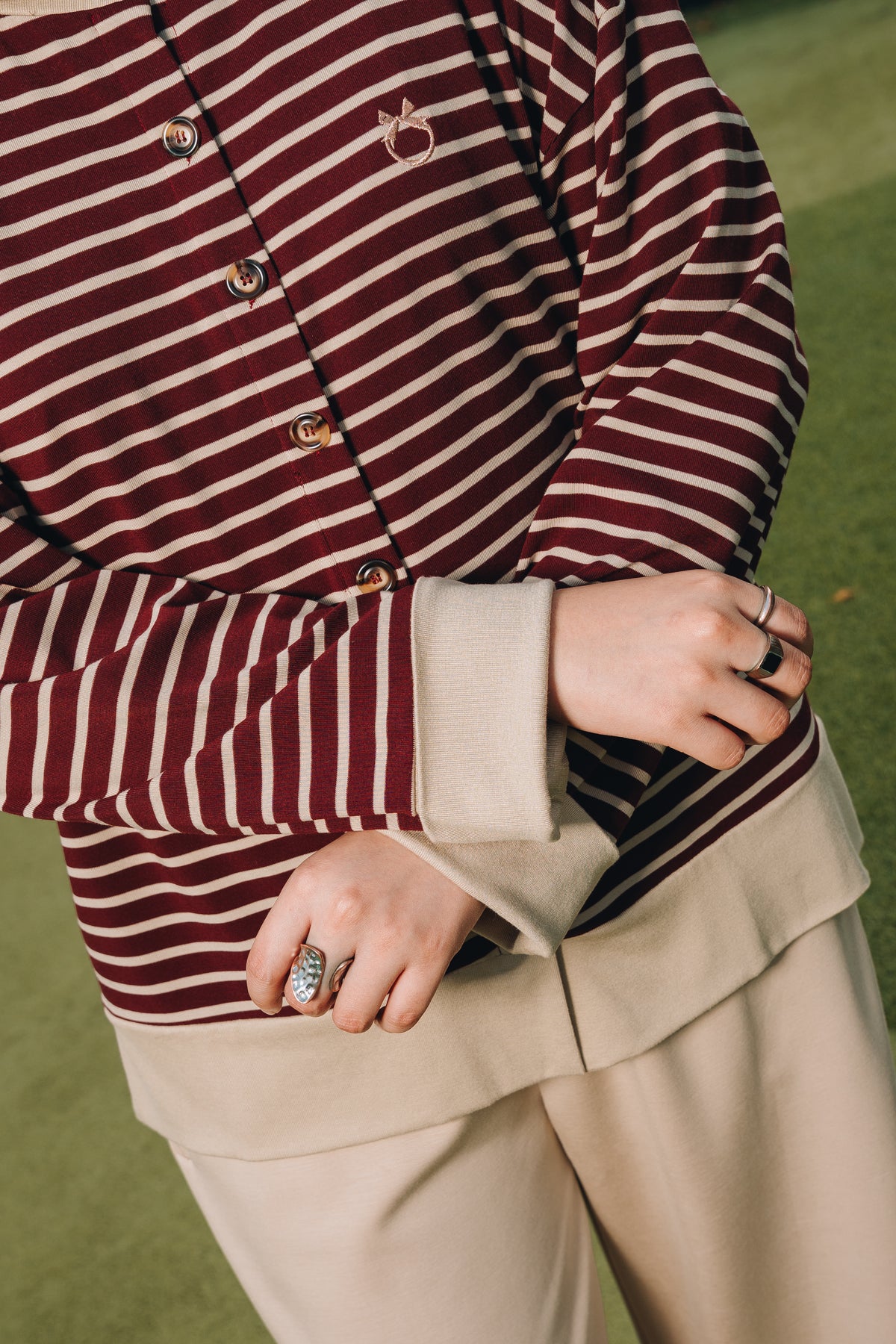 Maroon Relaxed Stripe Cardigan in Tencel Ribbed