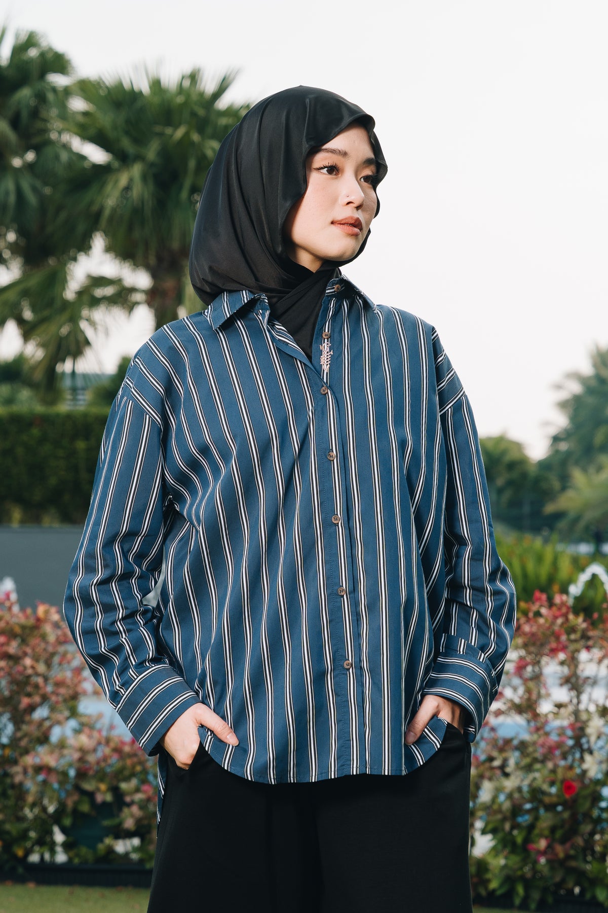 Navy Hidden Habibti Stripe Shirt in Cotton Tencel
