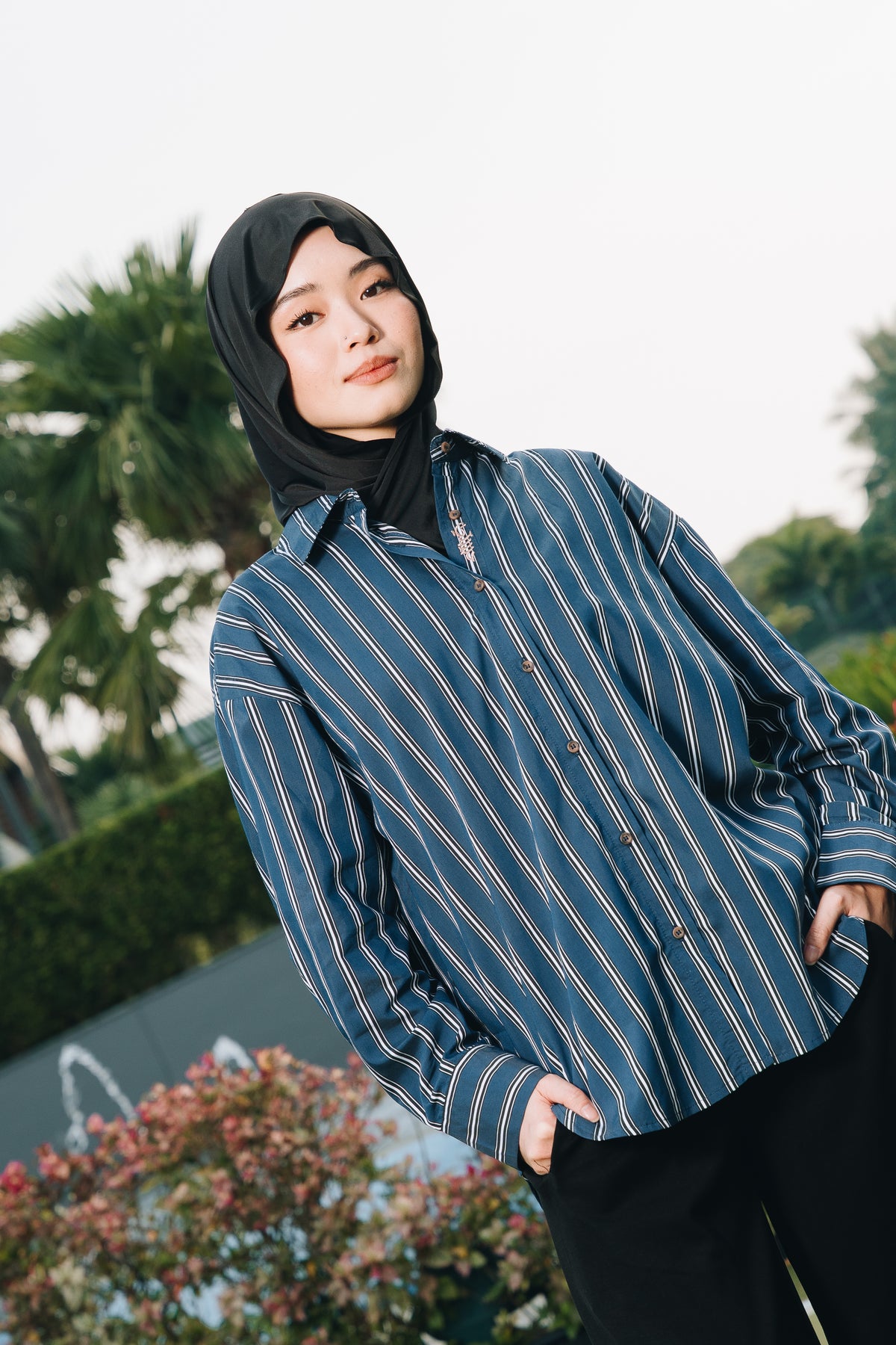 Navy Hidden Habibti Stripe Shirt in Cotton Tencel