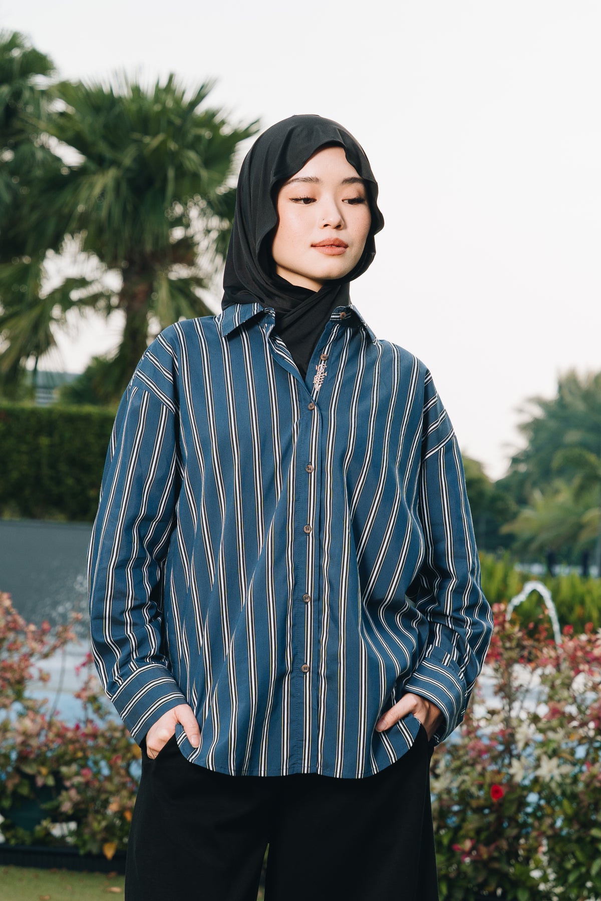 Navy Hidden Habibti Stripe Shirt in Cotton Tencel