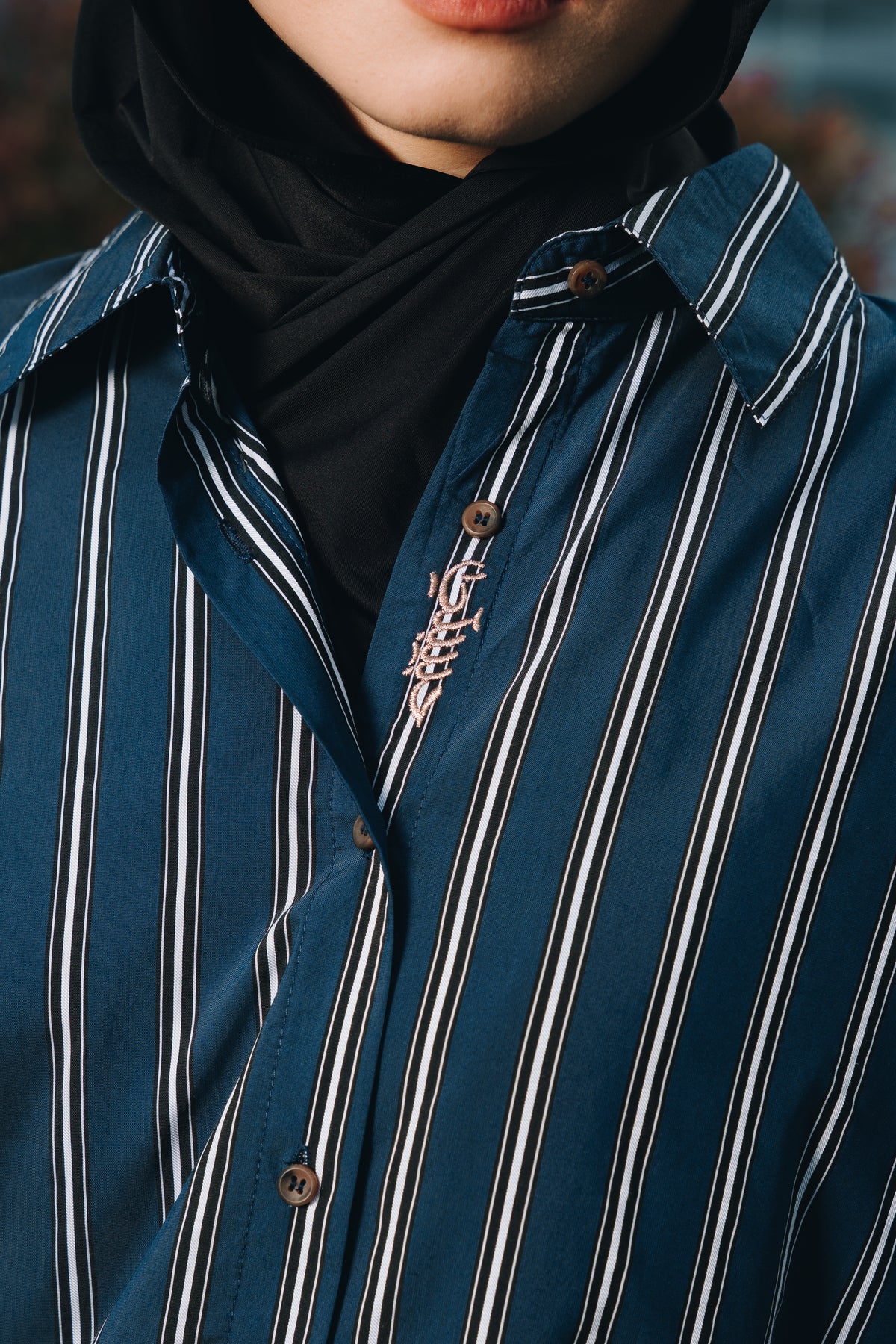 Navy Hidden Habibti Stripe Shirt in Cotton Tencel