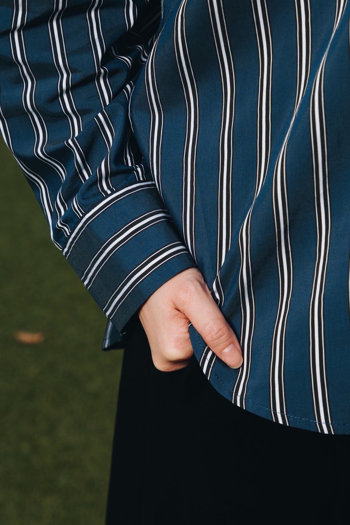 Navy Hidden Habibti Stripe Shirt in Cotton Tencel