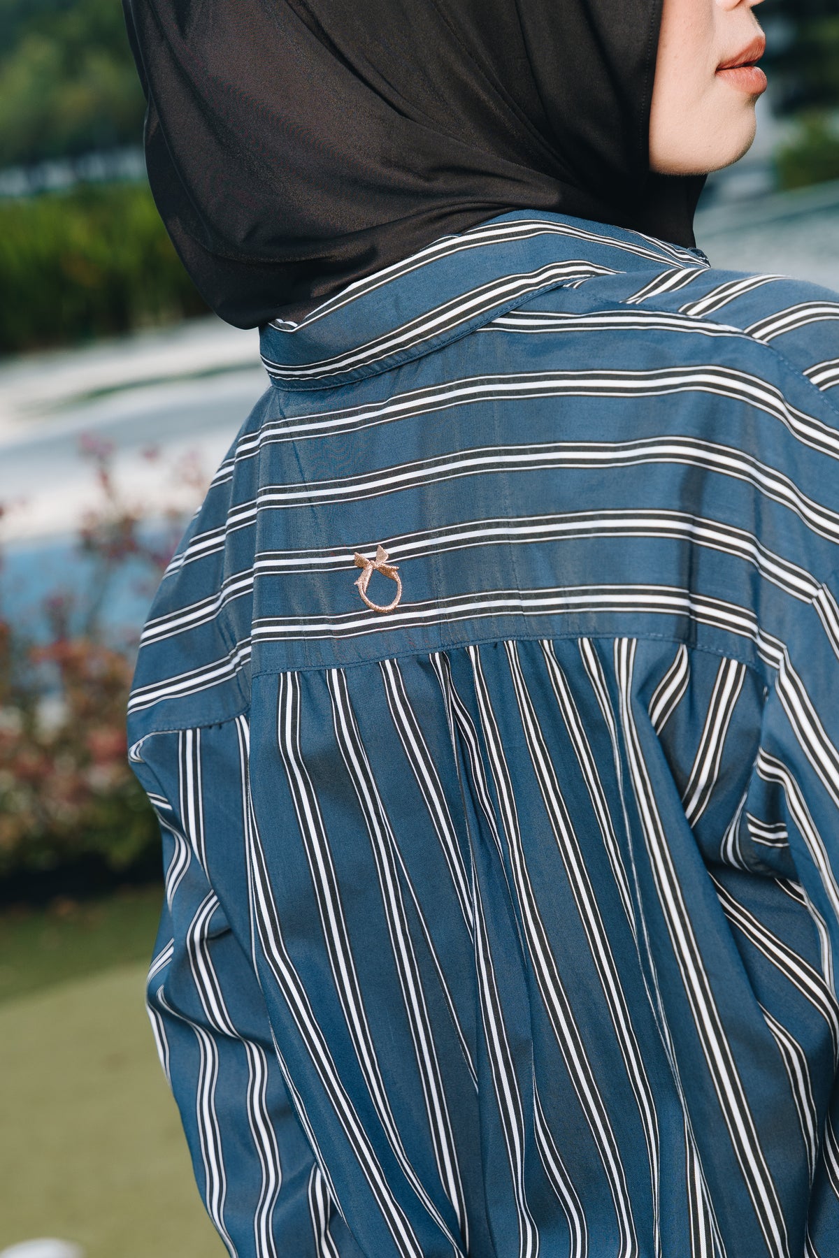Navy Hidden Habibti Stripe Shirt in Cotton Tencel