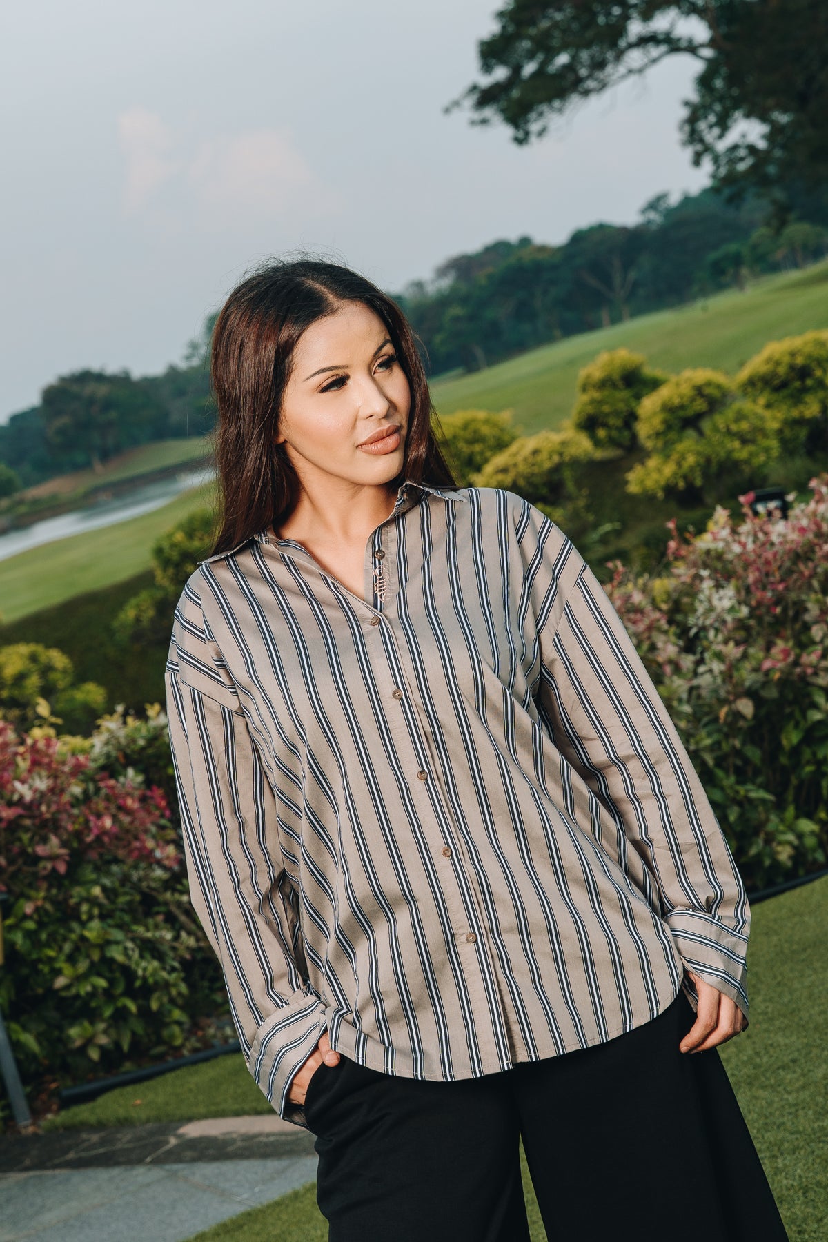 Taupe Hidden Habibti Stripe Shirt in Cotton Tencel