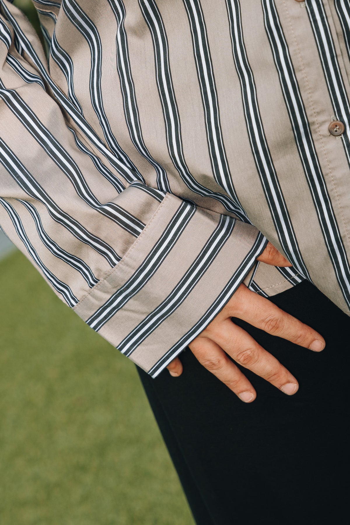 Taupe Hidden Habibti Stripe Shirt in Cotton Tencel