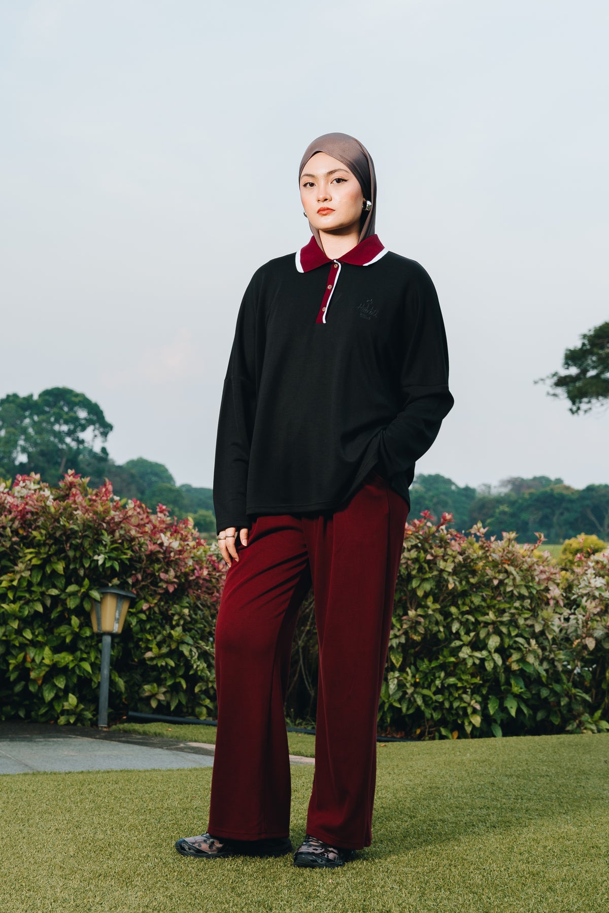 Black Oversized Polo Top in Lyocell