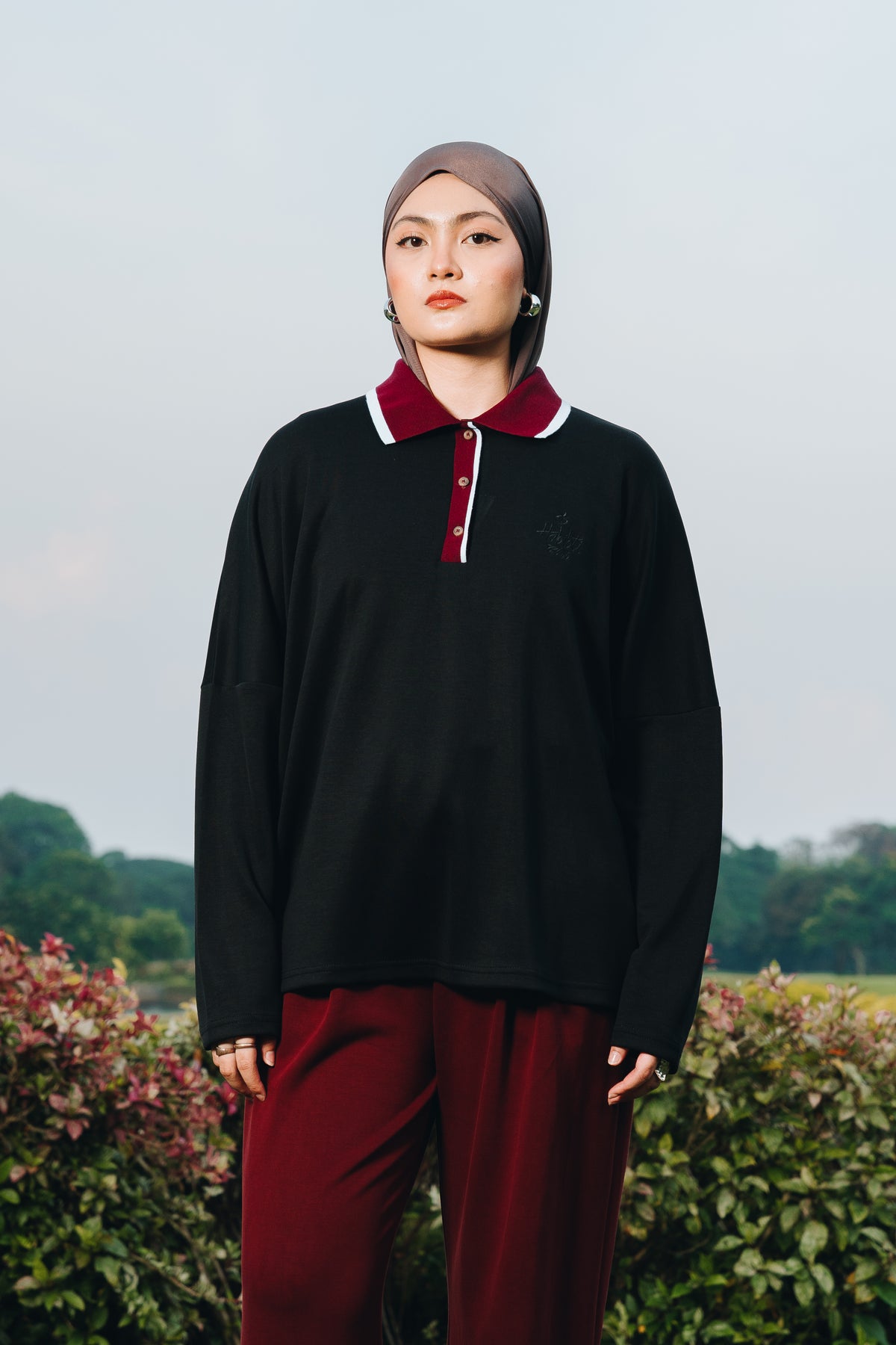 Black Oversized Polo Top in Lyocell