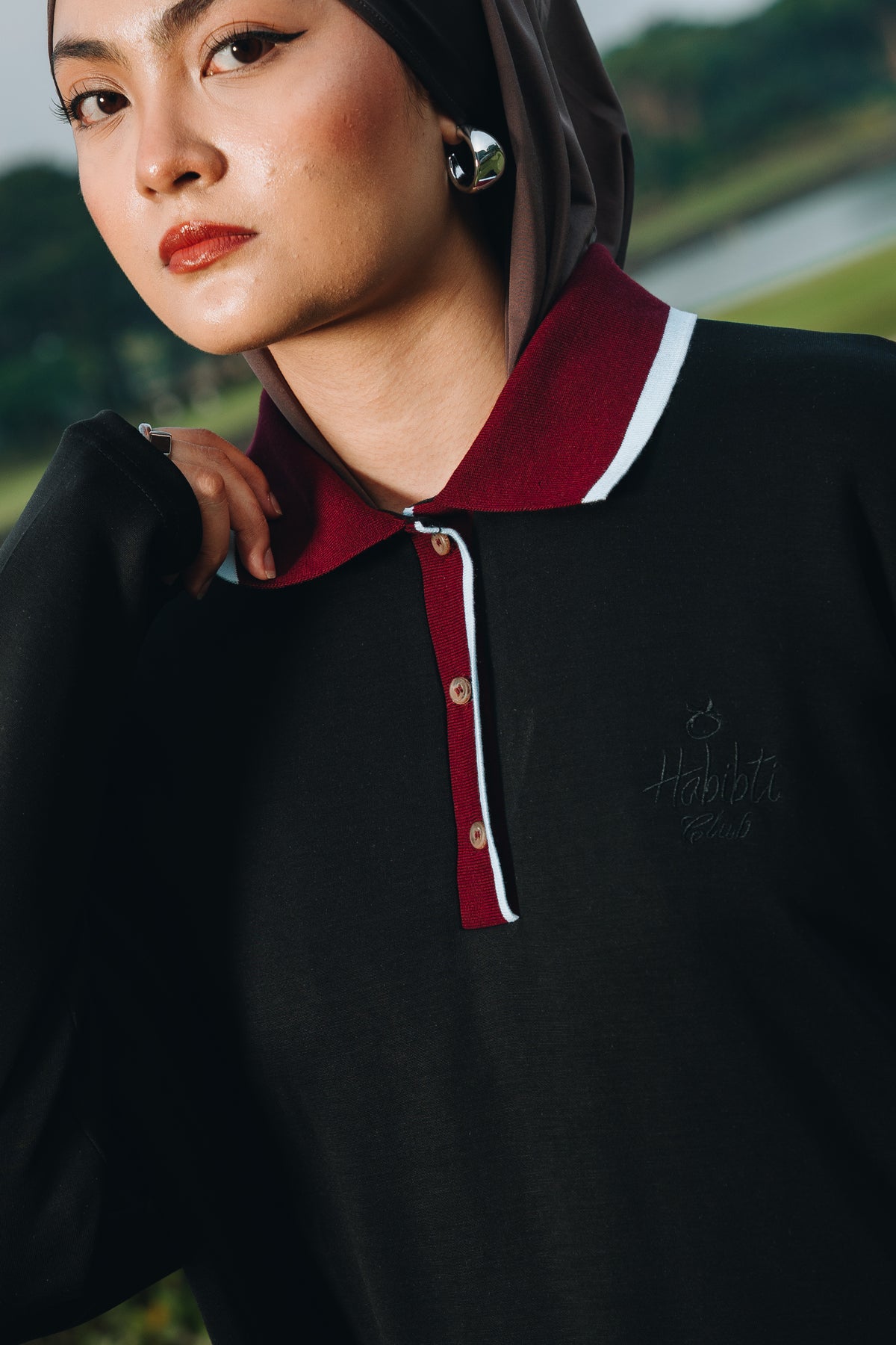 Black Oversized Polo Top in Lyocell