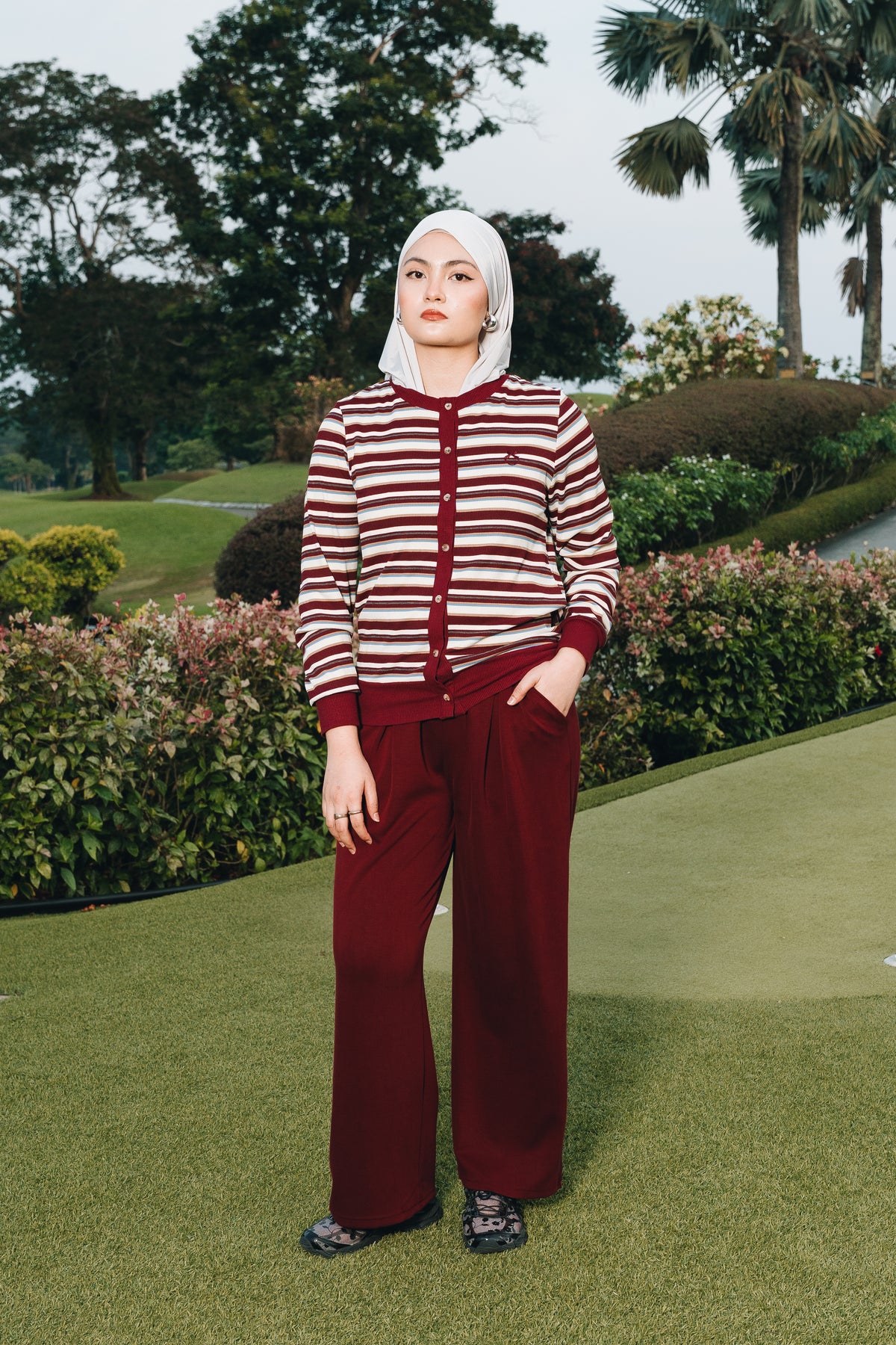 Maroon Fitted Stripe Cardigan in Tencel Ribbed