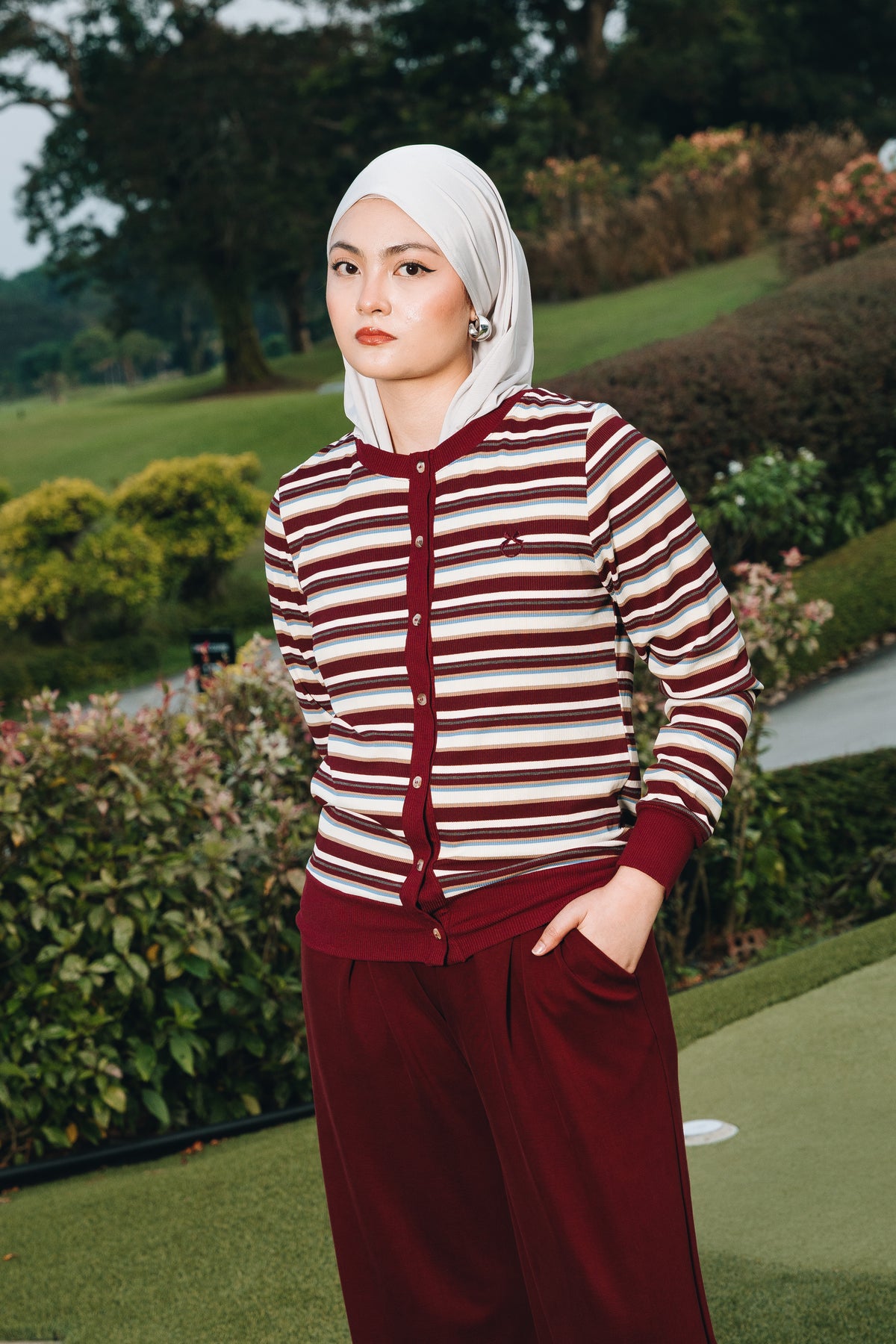 Maroon Fitted Stripe Cardigan in Tencel Ribbed